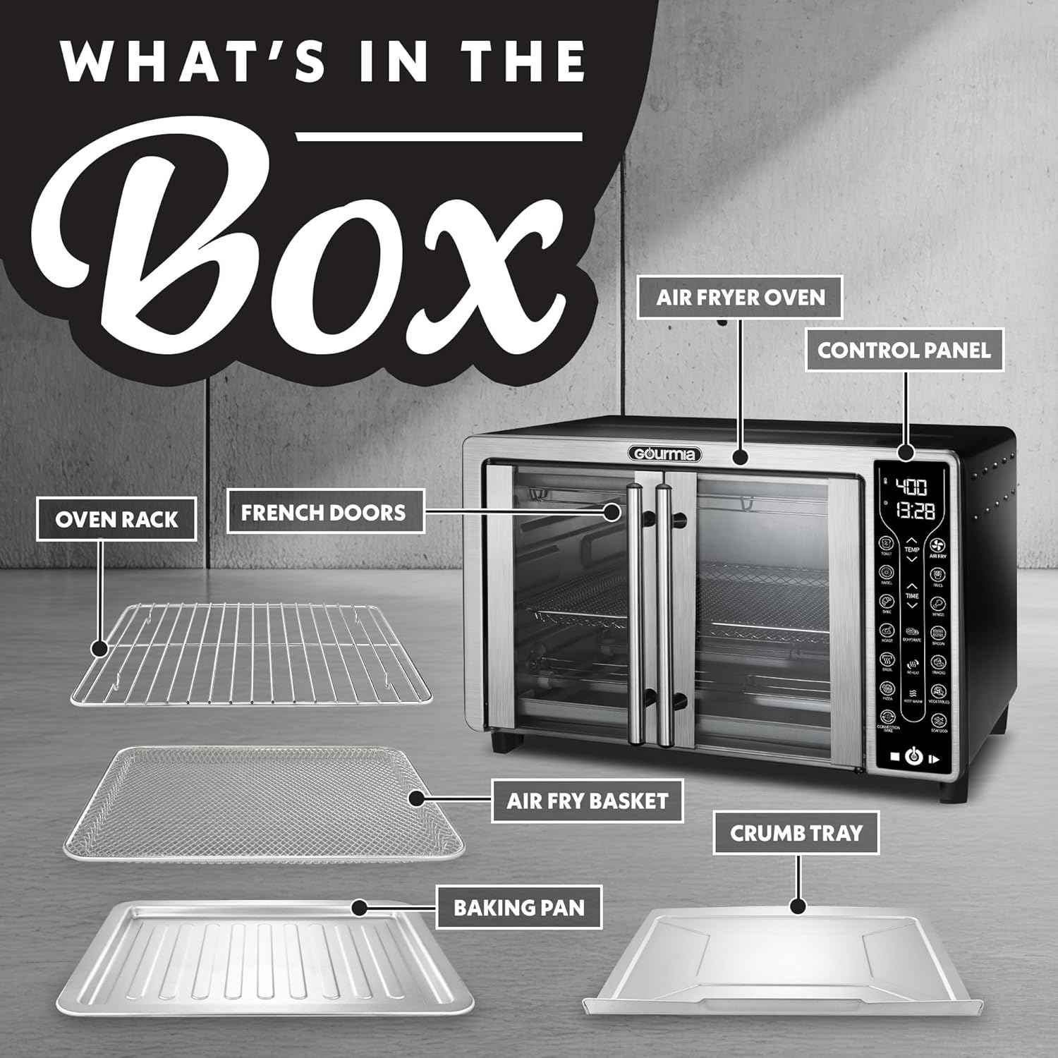 Gourmia French Door Air Fryer – 25 Qt Large Capacity Convection Oven, Fryfroce 360°, Digital Display with 17 Cooking Presets, Bake, Toast, Roast, Dehydrate, Fits 12” Pizza