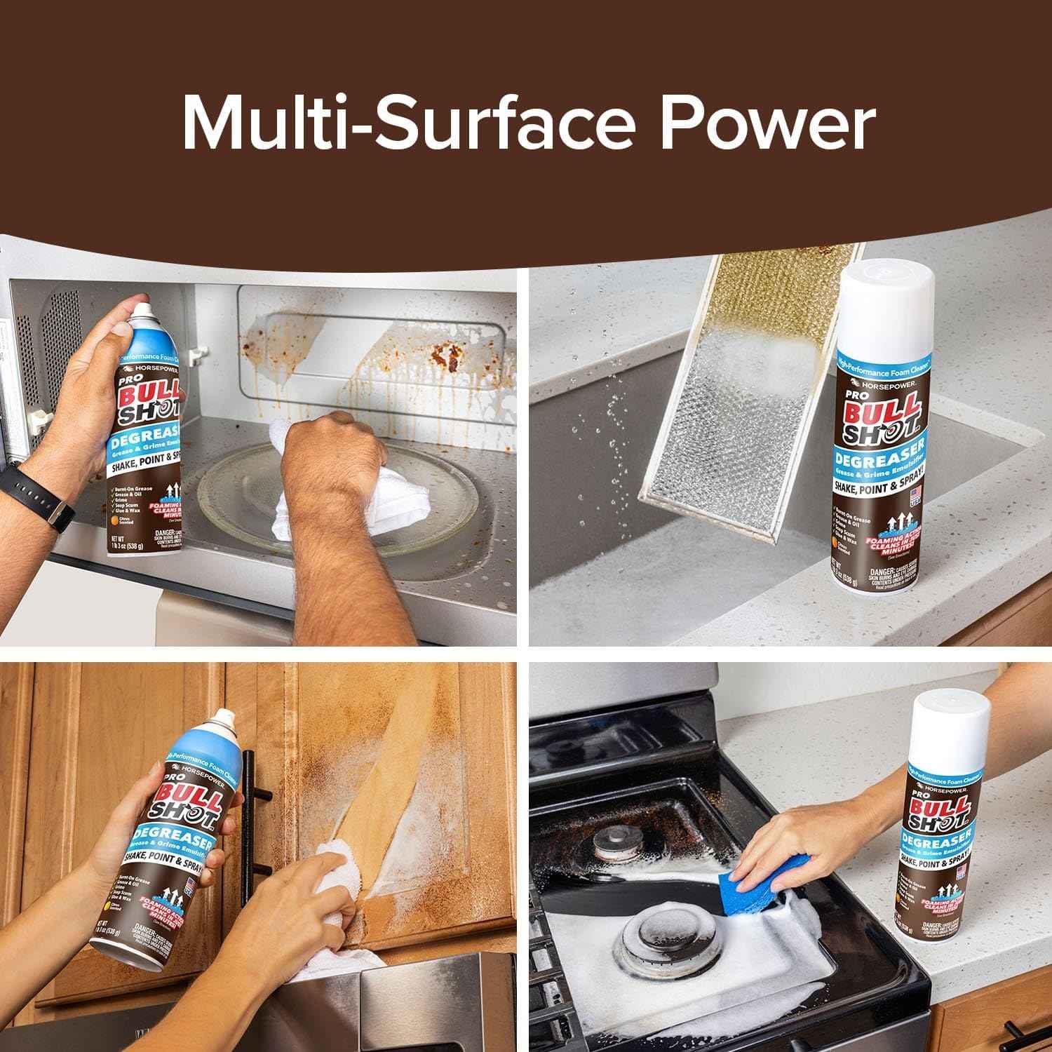 Bull Shot Degreaser Pro, Foaming Degreaser & Grime Remover, Heavy-Duty, AS SEEN ON TV, Residue-Free, Shake, Point & Spray, Emulsifies Grease, Oil Splatters, Glue, Tape Residue & More - Made in the USA