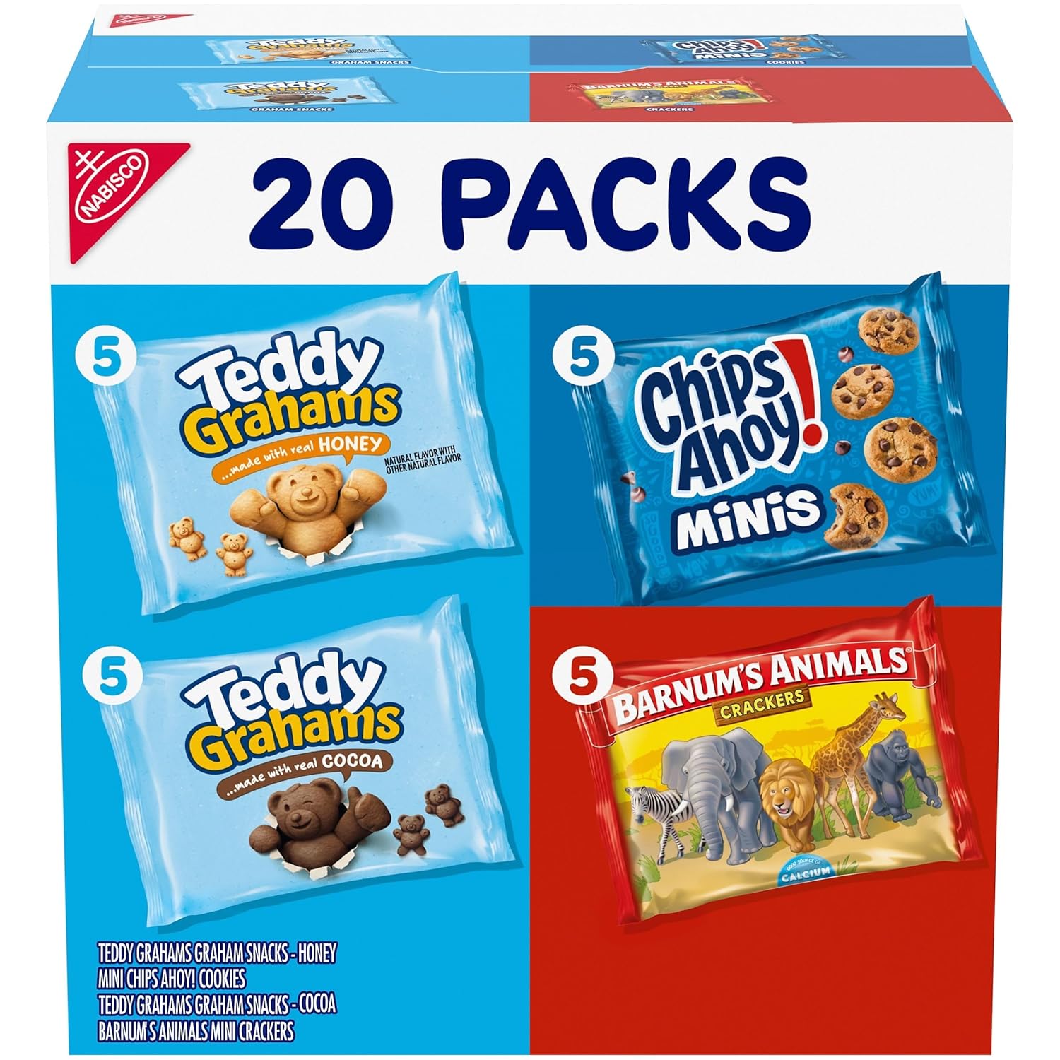 Nabisco Fun Shapes Variety Pack with Animal Crackers, Teddy Grahams and CHIPS AHOY! Cookies, 20 Snack Packs