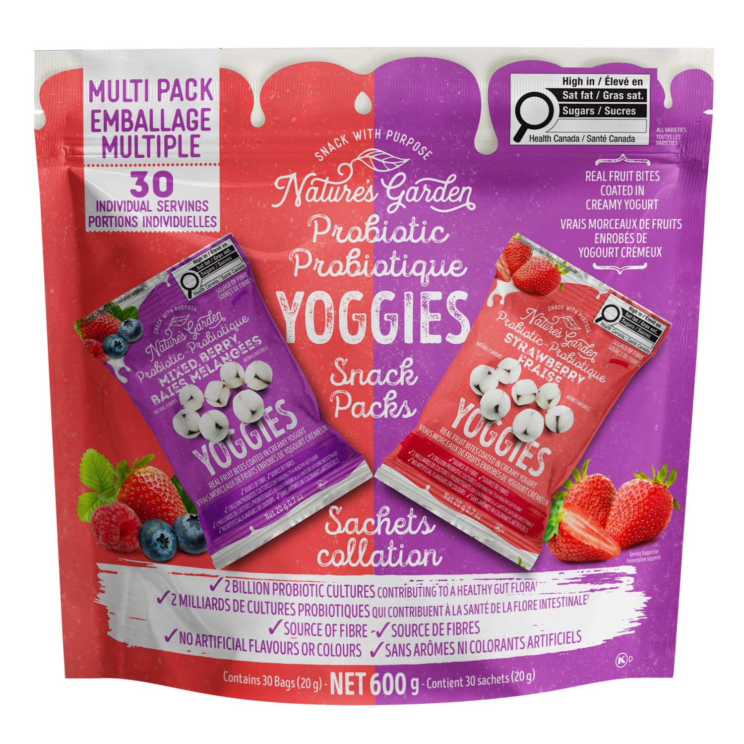 Nature's Garden Probiotic Yoggies multi-pack, 21oz, strawberry and mixed berry flavors, 0.7oz each, high fiber, real fruit pieces, no artificial ingredients