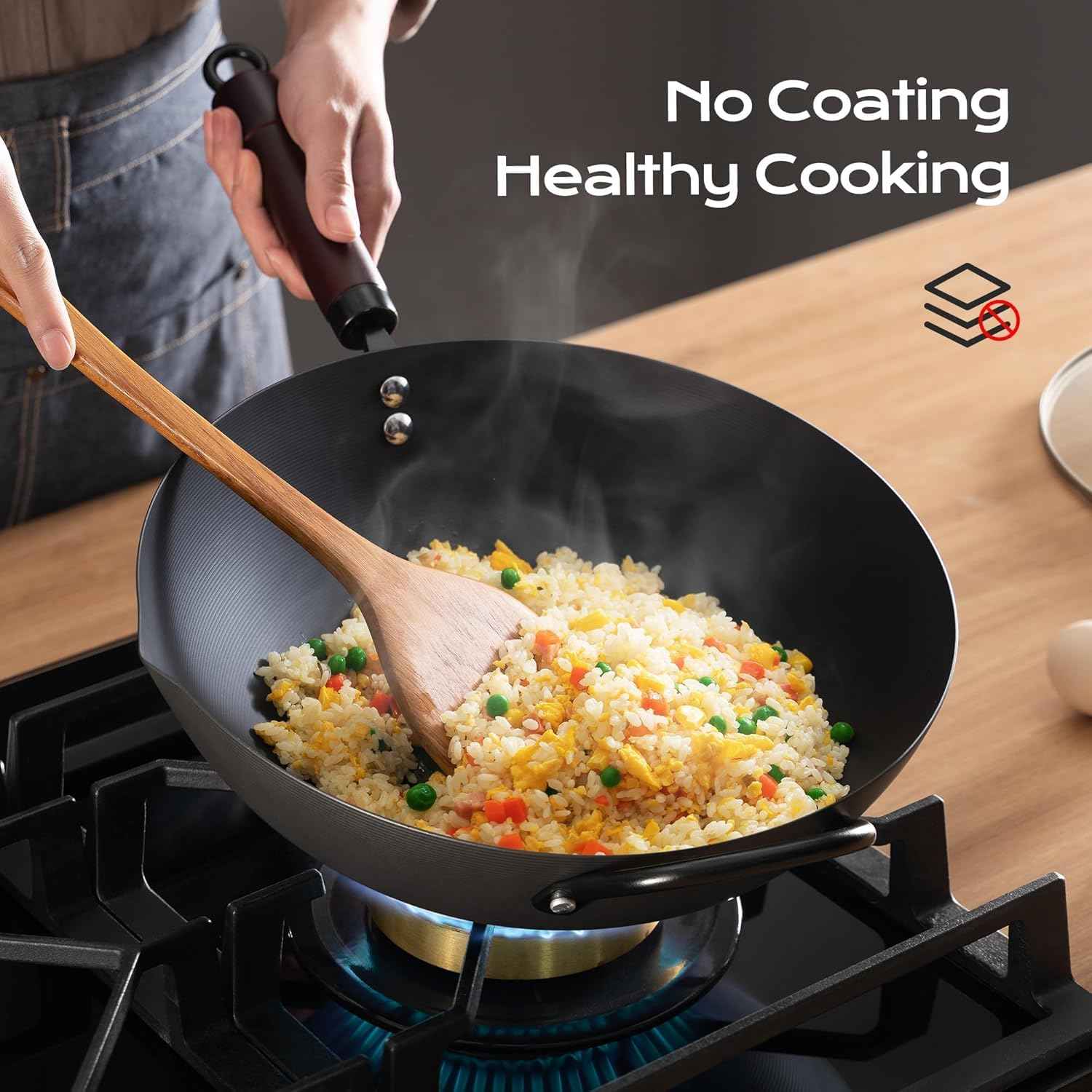 Wok, 13 Inch carbon steel woks & stir-fry pans nonstick, Pre-Seasoned 5.8QT Flat Bottom Chinese Wok Paella Pan with lid, Carbon Steel Cookware, Compatible with All Cooktops