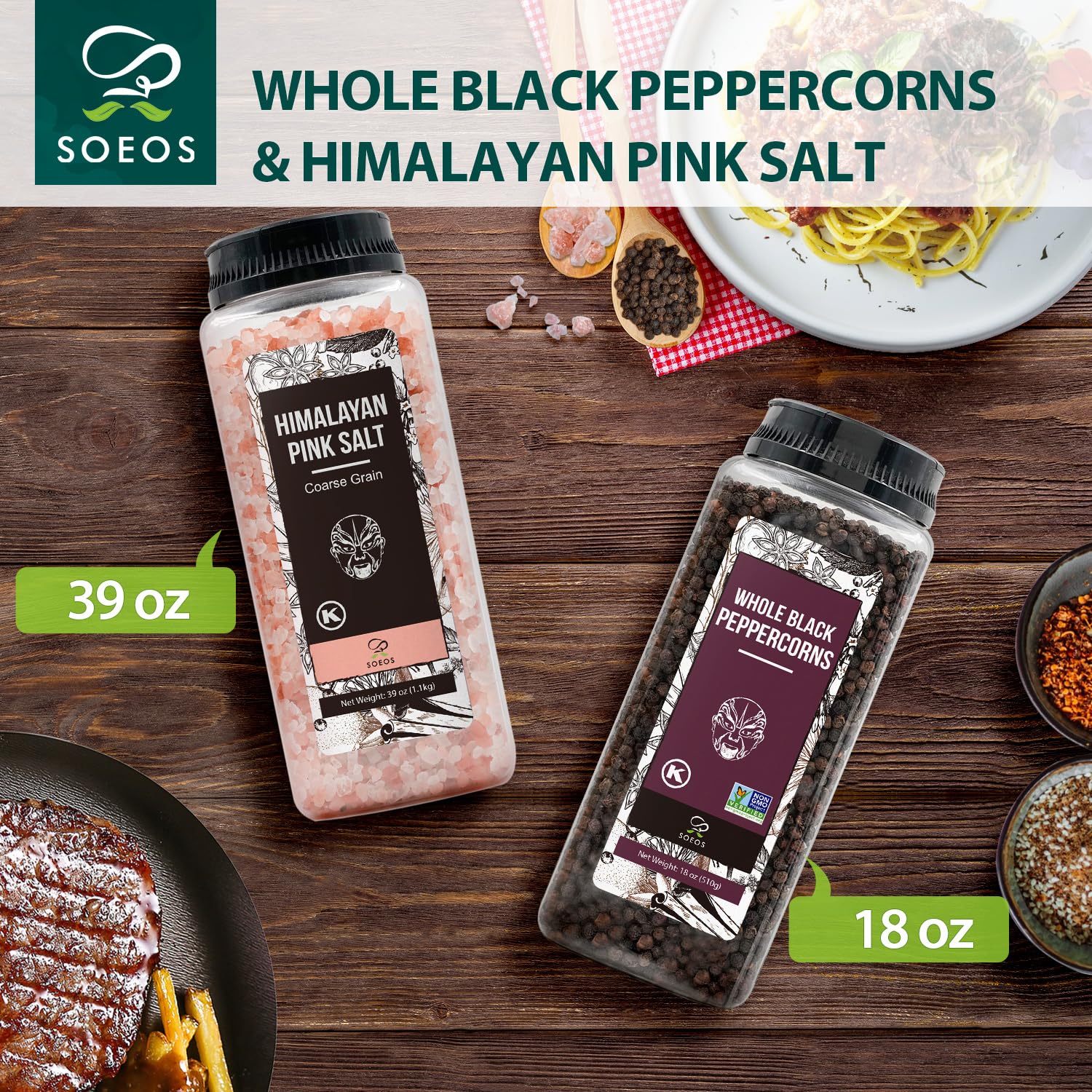soeos Himalayan pink salt 39 oz + whole black peppercorns 18 oz coarse grain kosher salt non-gmo verified
