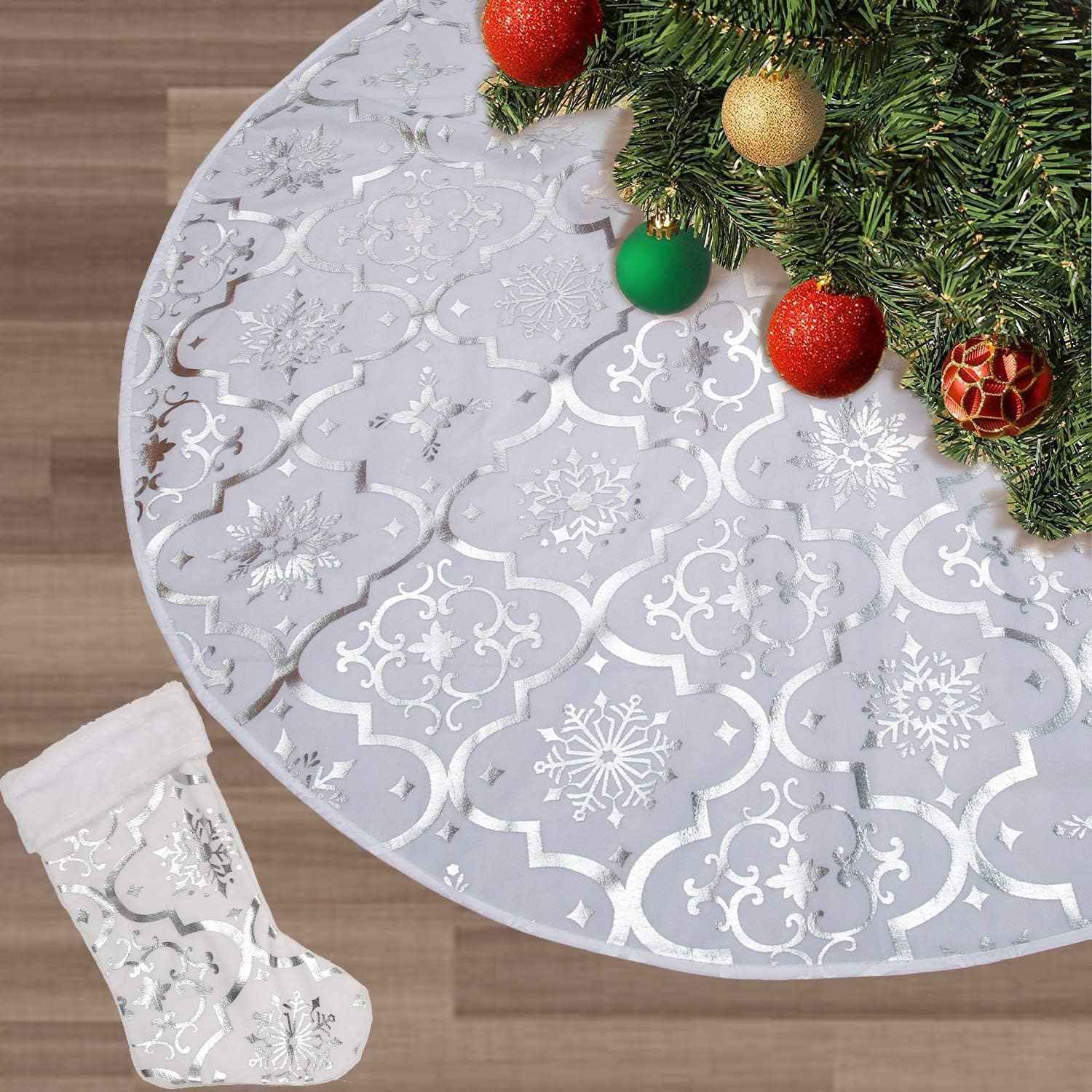 Flash World 48 Inch Large Christmas Tree Skirt Xmas Soft Cover Mat Decor Snowflake Collar Farmhouse Tree Skirt for Holiday Ornaments Party Home Indoor Decorations (Red, 48INCH)