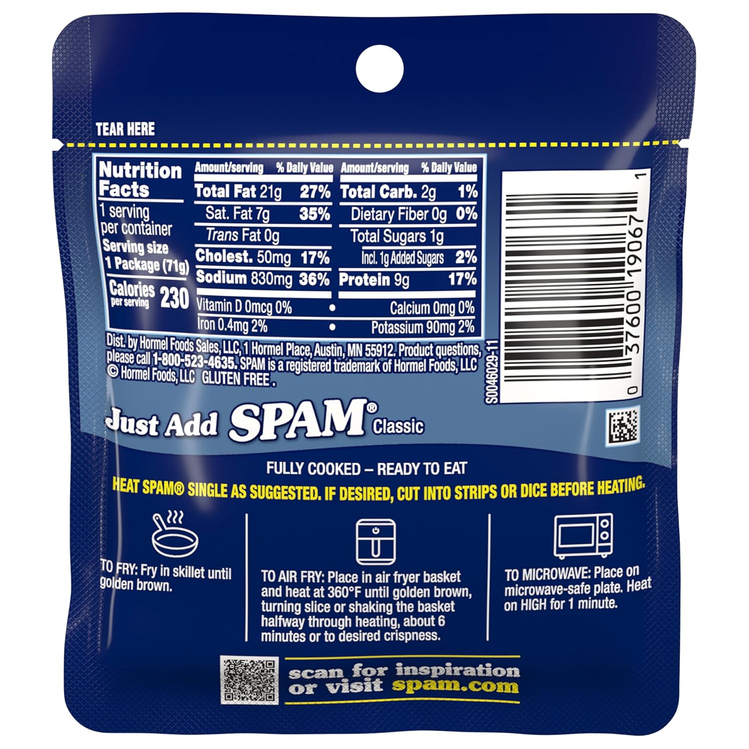 SPAM Classic Single 9 Grams Protein 2.5 oz Pouches 12 Pack