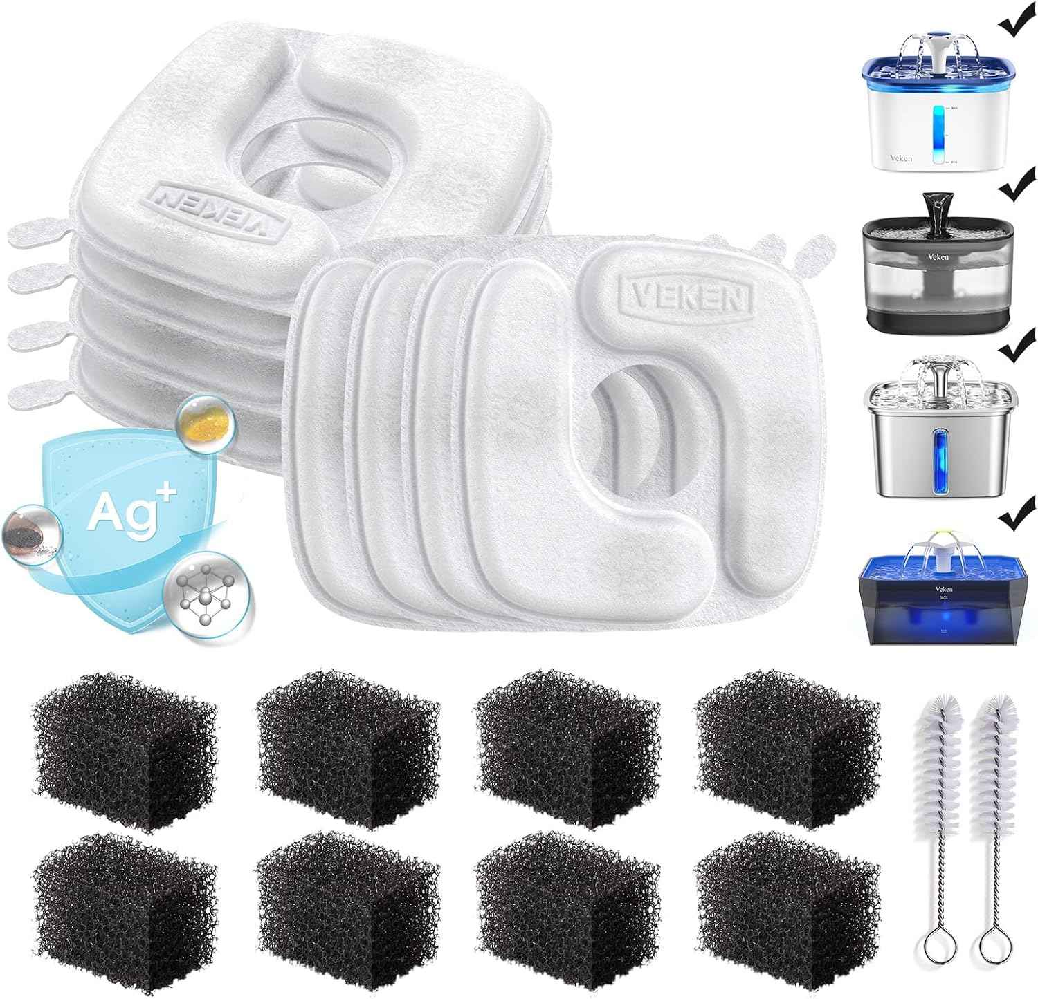 Veken Cat Water Fountain Filters, 8 Pack Replacement Filters & 8 Pack Replacement Pre-Filter Sponges Set for 50oz, 84oz, 95oz or 108oz Automatic Pet Fountain Dog Water Dispenser