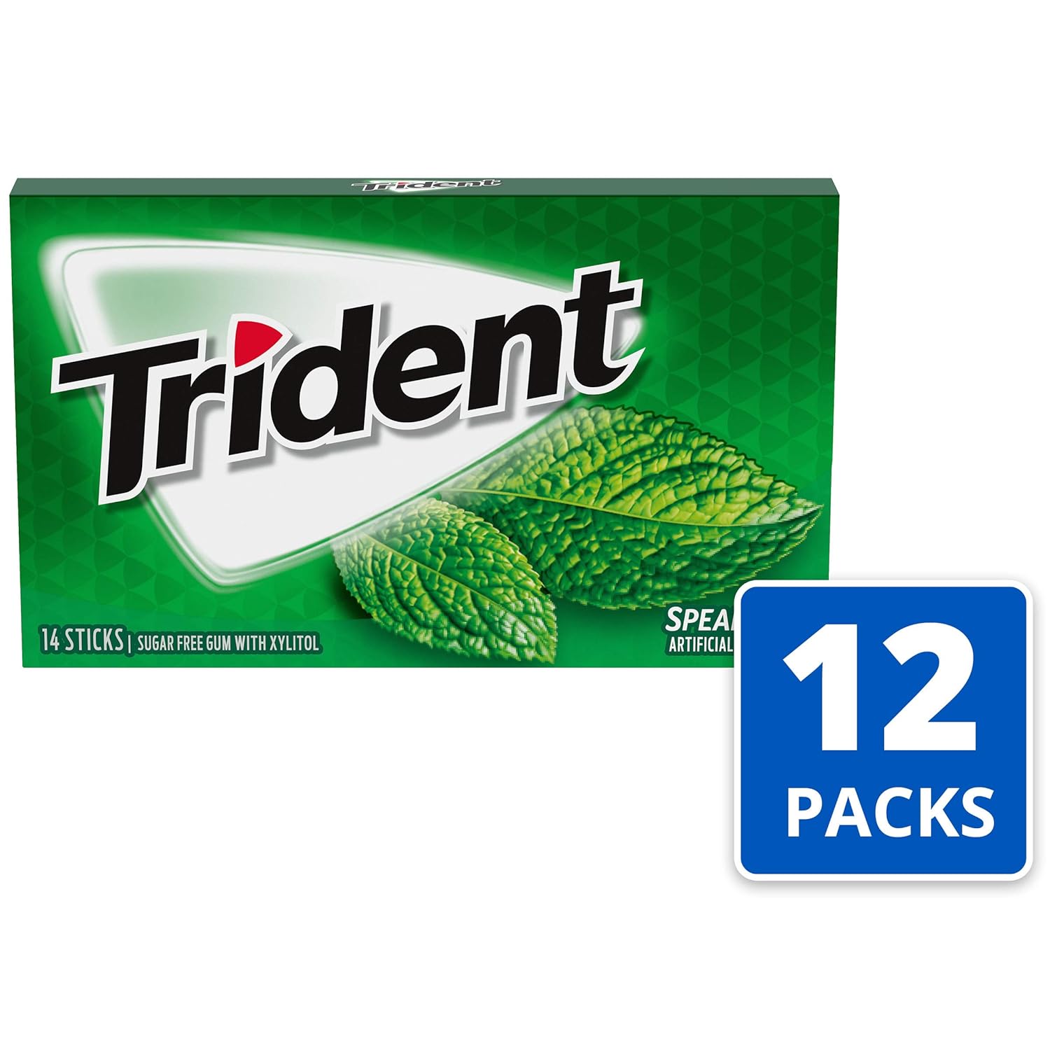 trident spearmint sugar-free chewing gum, 12 packs of 14 pieces, 168 total pieces, bulk sugarless gum