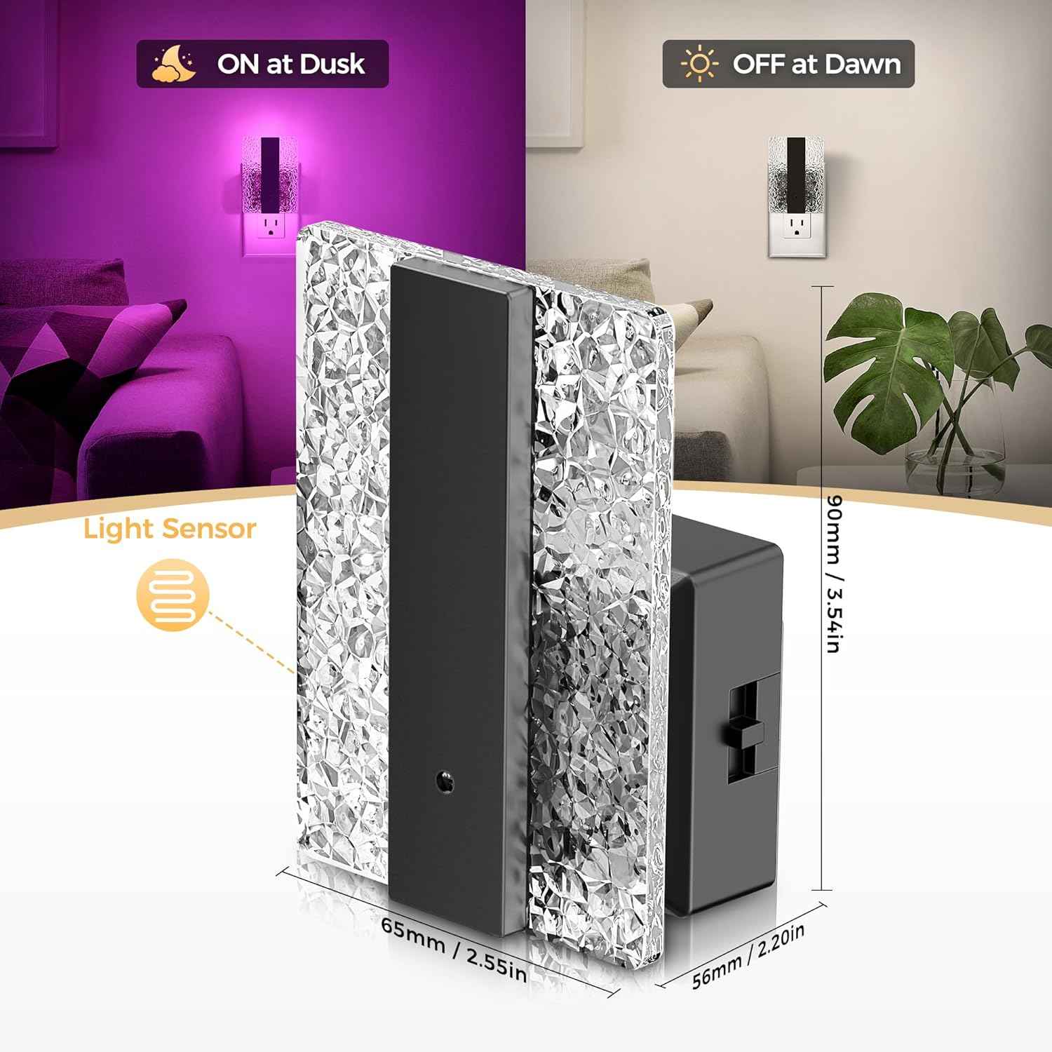 DORESshop LED Night Lights Plug into Wall [2 Packs], Decorative Night Light with Dusk-to-Dawn Sensor, RGB Color-Changing Nightlights with Slide Button, Nightlights for Kids, Bathroom, Hallway, Bedroom