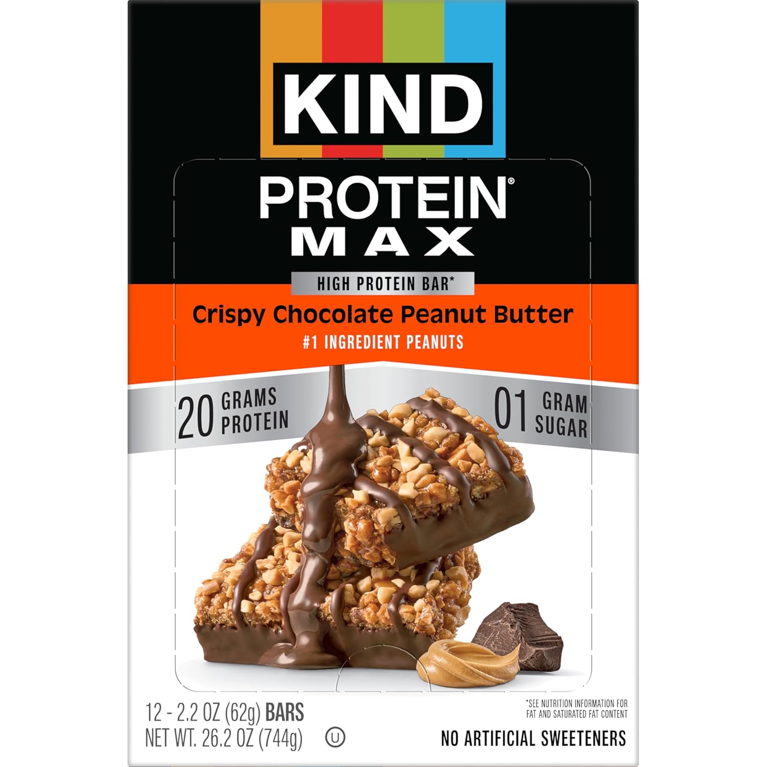 kind protein max crispy chocolate peanut butter snack bars, 20g protein, keto friendly, 12 count box