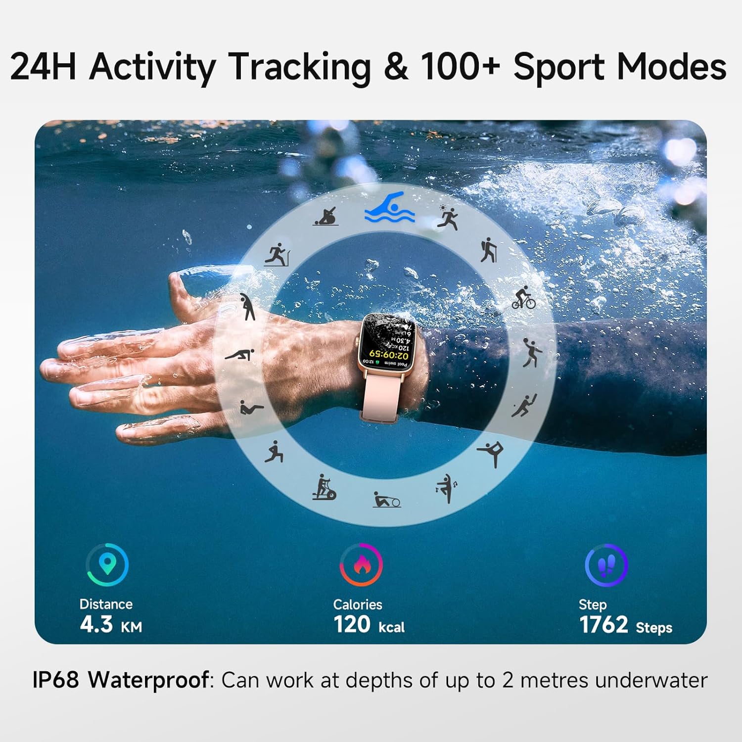 Smart Watch for Women, 1.85" HD Smartwatch Compatible iPhone/Samsung/Android (Answer/Make Calls), 100+ Sport Modes Fitness Tracker with Heart Rate/Sleep/SpO2 Monitor, IP68 Waterproof, with 2 Bands