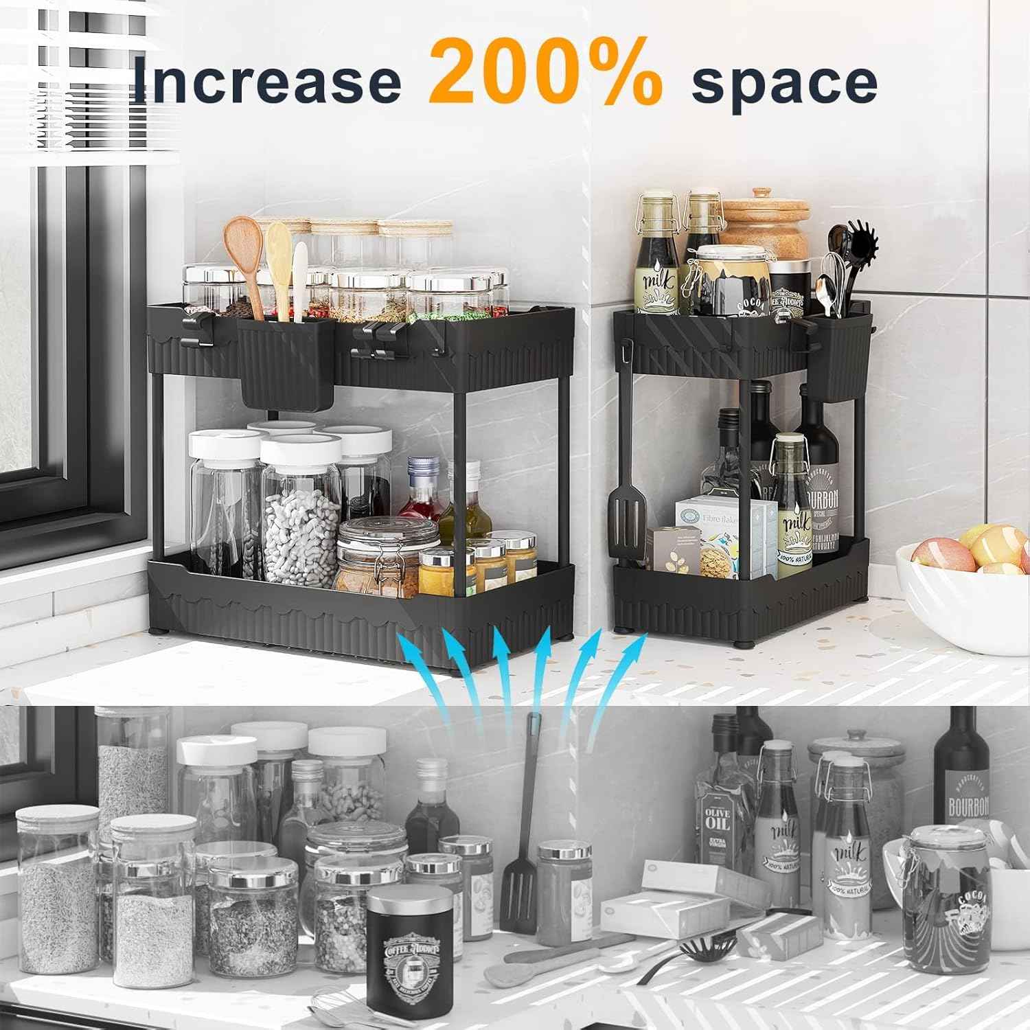 2 Pack Under Sink Organizer, Under Bathroom Cabinet Organizer with Hooks Hanging Cup, Multi-Purpose Storage Shelf for Kitchen Bathroom, Black