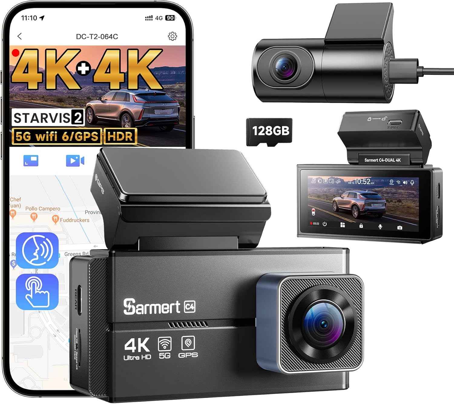 SARMERT 4K 3 Channel Dash Cam, Dash Cam Front and Rear C3, Free 64GB Card, 4K+1080P+1080P Dashcam, G-Sensor, WDR, APP, 5G WiFi, Night Vision, 24H Parking Monitor