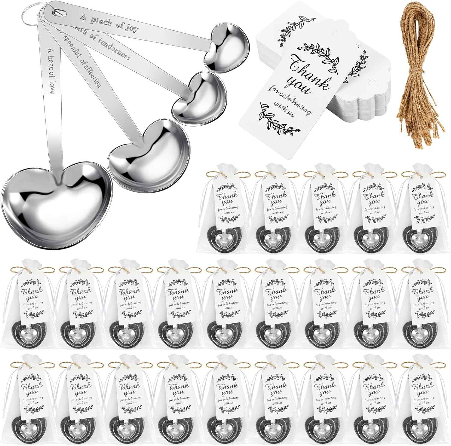 Umigy 100 Set Heart Shaped Measuring Spoon Tea Spoons Wedding Baby Shower Favors for Guests Set Heart Shape Drawstring Organza Bag Gift Tag Rope for Wedding Bridal Shower Souvenir (Gold)