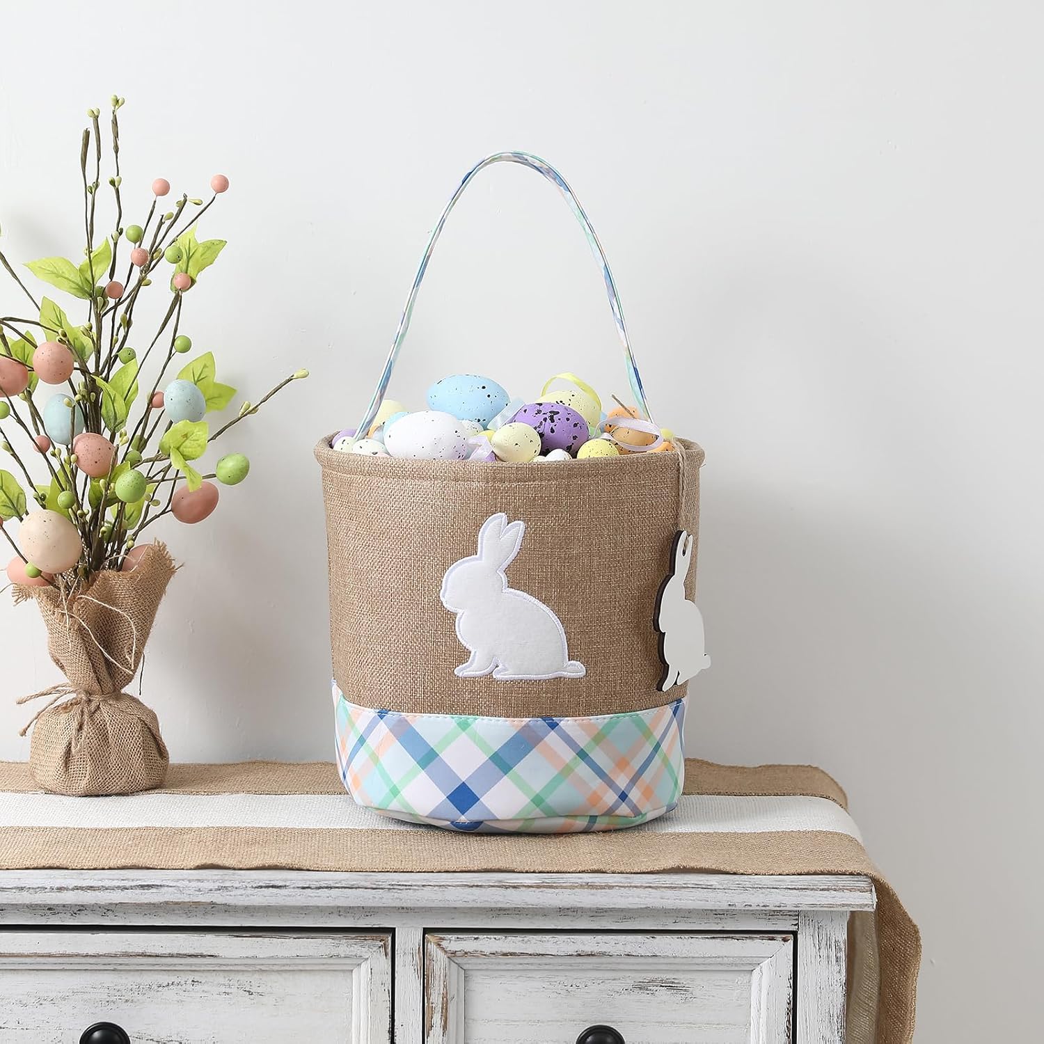 handmade wooden easter bunny basket with diy tag for kids boys girls easter egg hunt storage (blue)