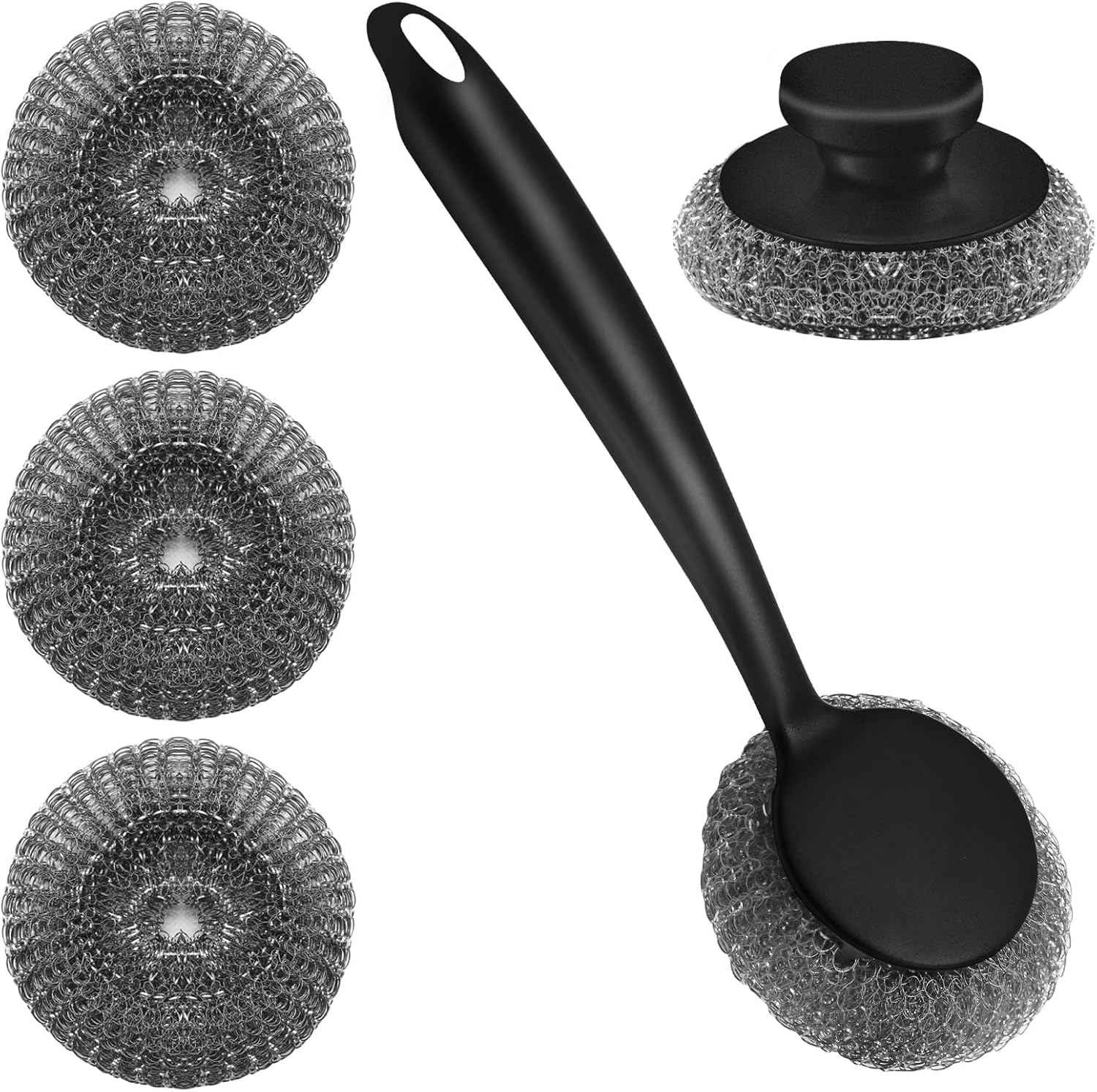 Stainless Steel Wool Scrubber with 2 Replacement Pads - Clean Metal Pans, Pots, Grills & More