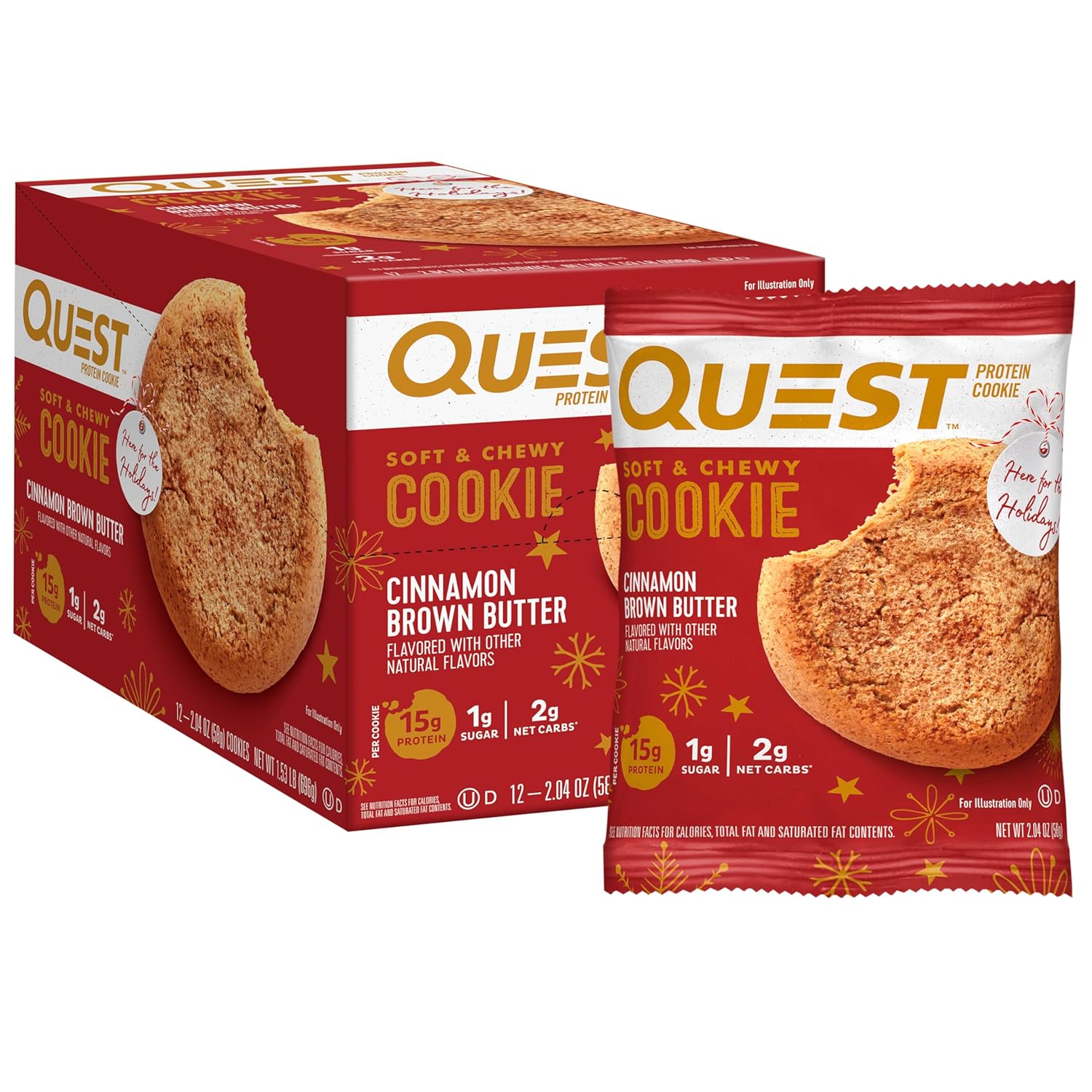 Quest Nutrition Cinnamon Brown Butter Protein Cookies, 15g Protein, 1g Sugar, 2g Net Carbs, Keto Friendly, 12 Count