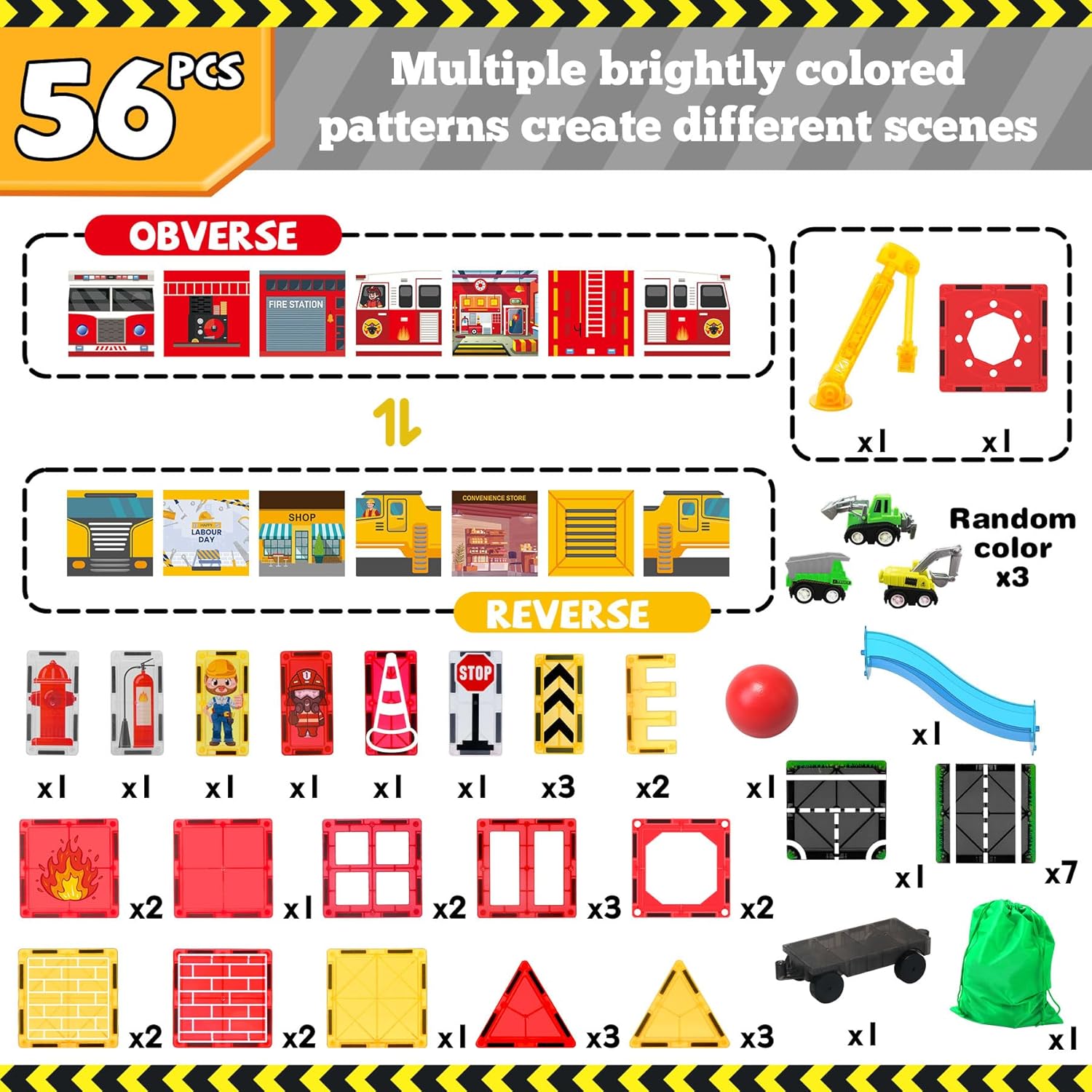 Magnetic Tiles for Kids, 56PCS Construction Magnet Tiles with Fire Truck Station, Building, Road, Crane, Car Truck - STEM Magnetic Blocks for Kids Ages 4-8, Toys for 4 5 Year Old Boys Birthday Gifts