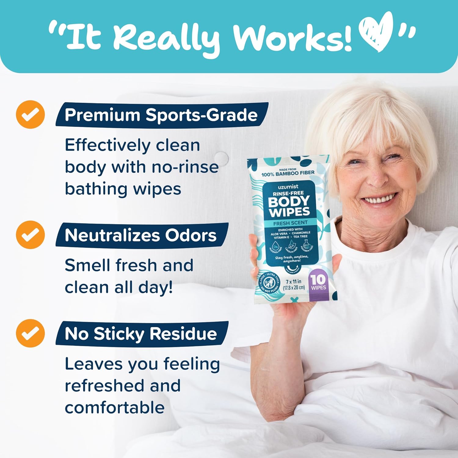 Body Wipes for Adults, No Rinse, 50pc XL, Ultra Thick Shower Travel Wipes for Personal Cleansing & Hygiene Essentials
