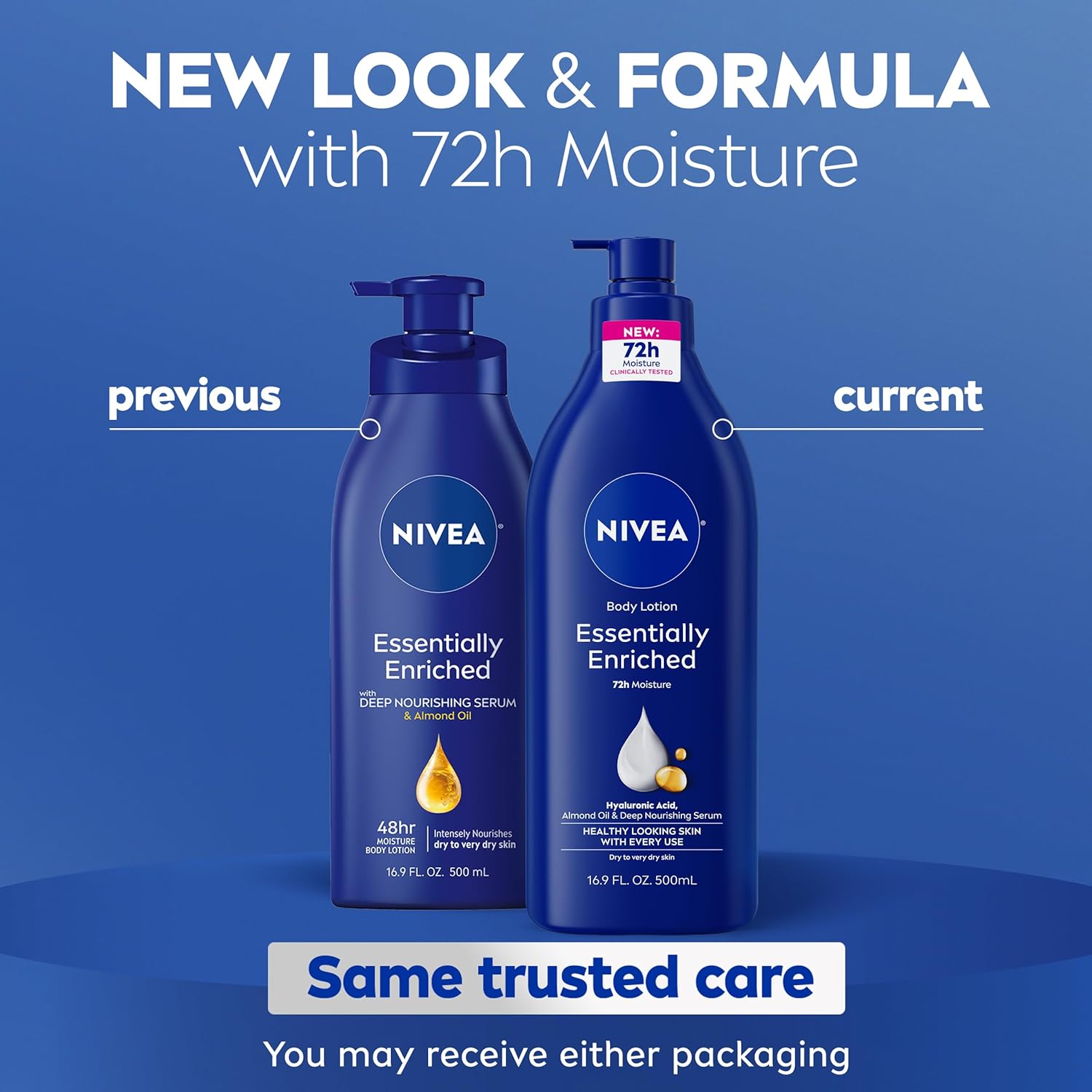 nivea essentially enriched body lotion for dry skin with hyaluronic acid, 16.9 fl oz, pack of 2