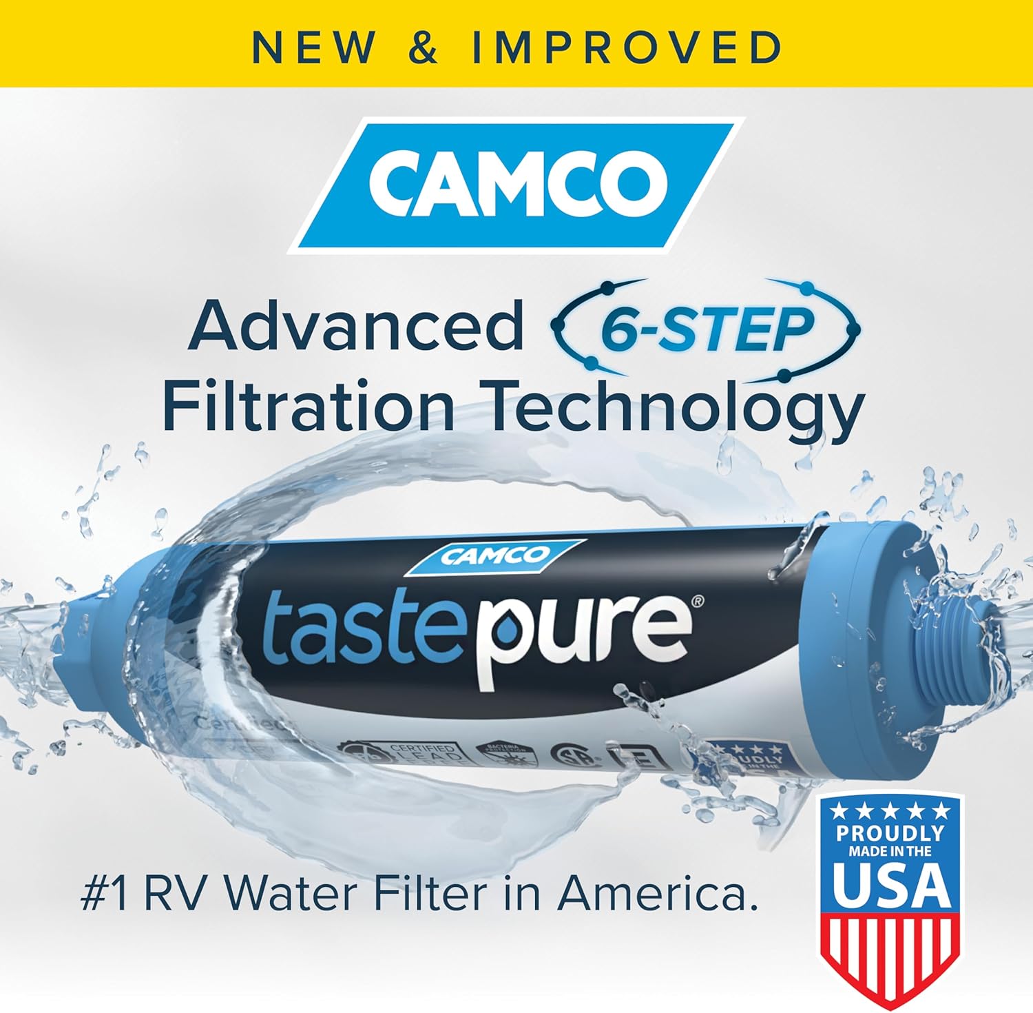 Camco Tastepure RV Water Filter - Advanced RV Inline Water Filter with Flexible Hose Protector - GAC & KDF Filtration - Made in USA - Camping Essentials for Fresh Drinking Water