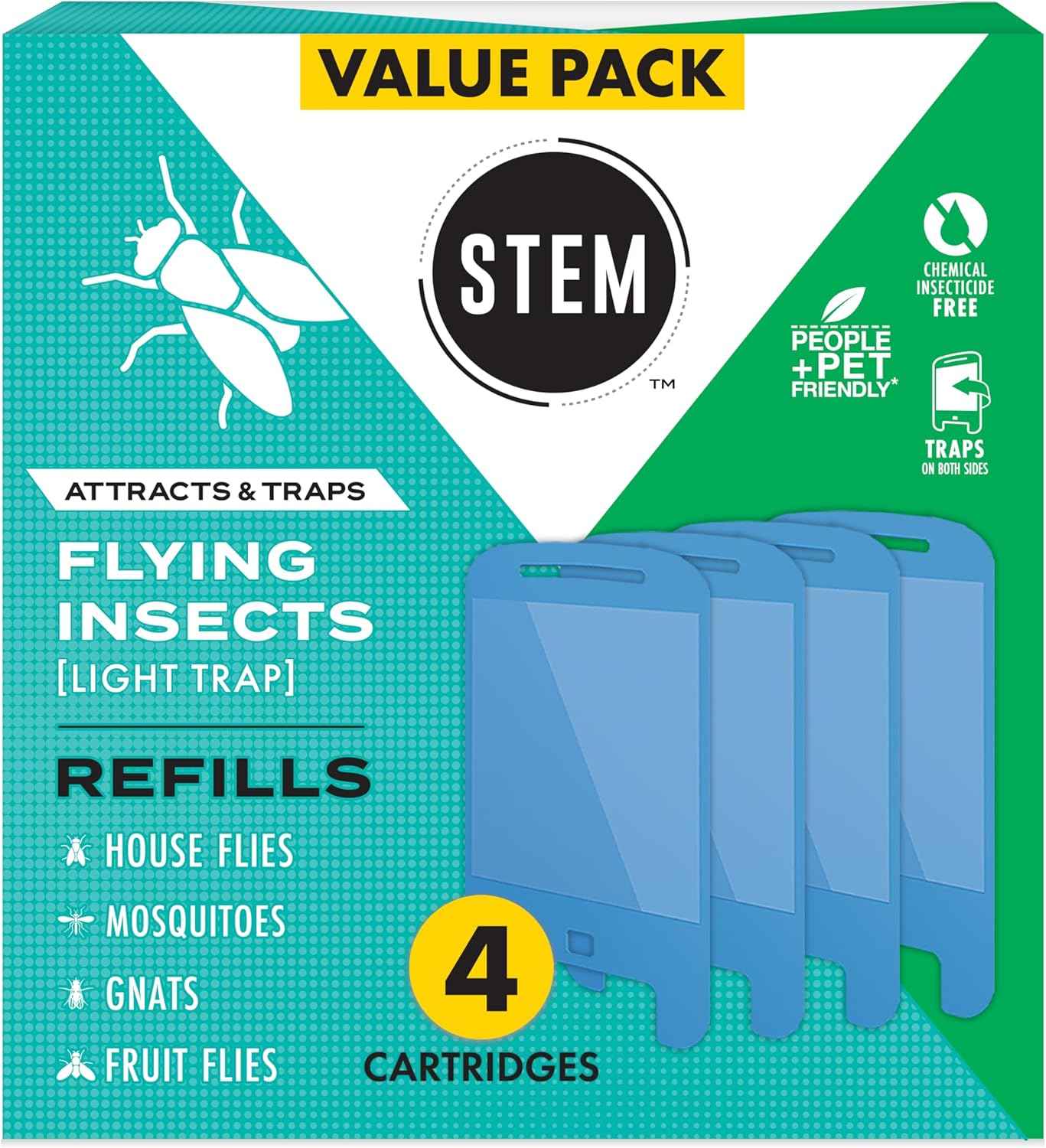 STEM Insect Trap - Indoor Fruit Fly & Gnat Pest Control for House, Home and Kitchen, Attracts & Traps Flying Bugs, Soft Blue Light - Includes 1 Plug-in Device & 3 Cartridges