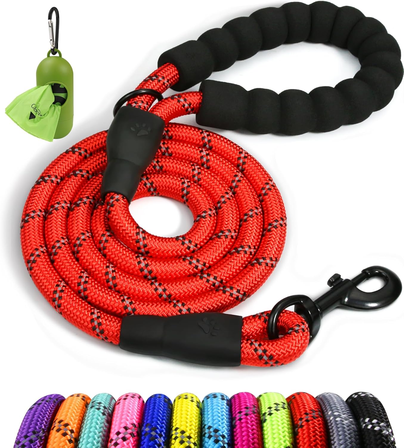 Taglory 6 FT Rope Dog Leash for Medium Large Dogs with Padded Handle, Reflective Threads, 1/2 inch, Black