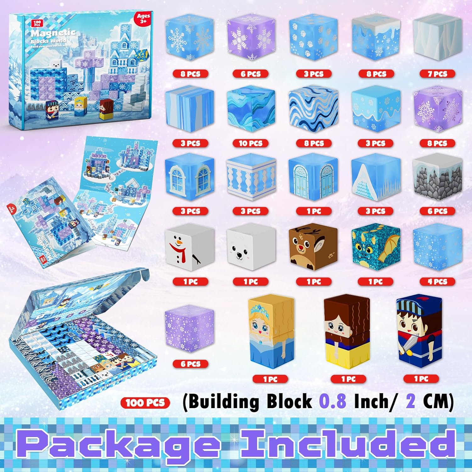 Magnetic Blocks - 100Pcs 0.8in Magnetic Building Block for Kids Ages 4-8, Transparent Magnet Block Blue Princess Castle, Frozen Magnetic Cubes Tiles Princess Toy for Girl 3 4 5 6 7 8-12 Birthday Gift