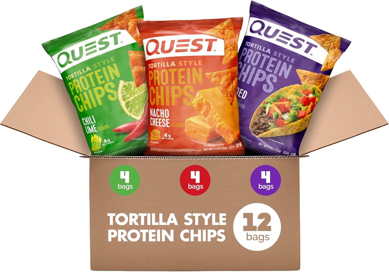 quest nutrition tortilla style protein chips variety pack, low carb, high protein, gluten free, 12 count
