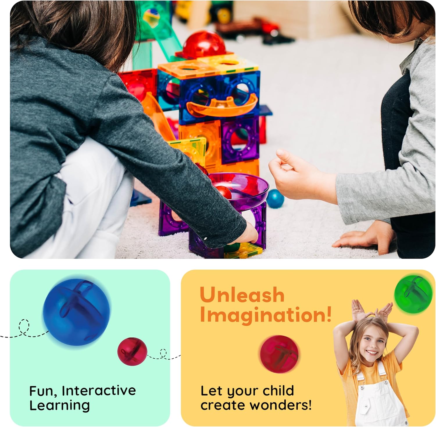 PicassoTiles 100pc Magnetic Marble Run Set with Racing Track Tiles Funnels Curved Slopes and Steel Balls for Kids STEM Construction Indoor Learning Toy that Promotes Focus and Problem Solving PTG100