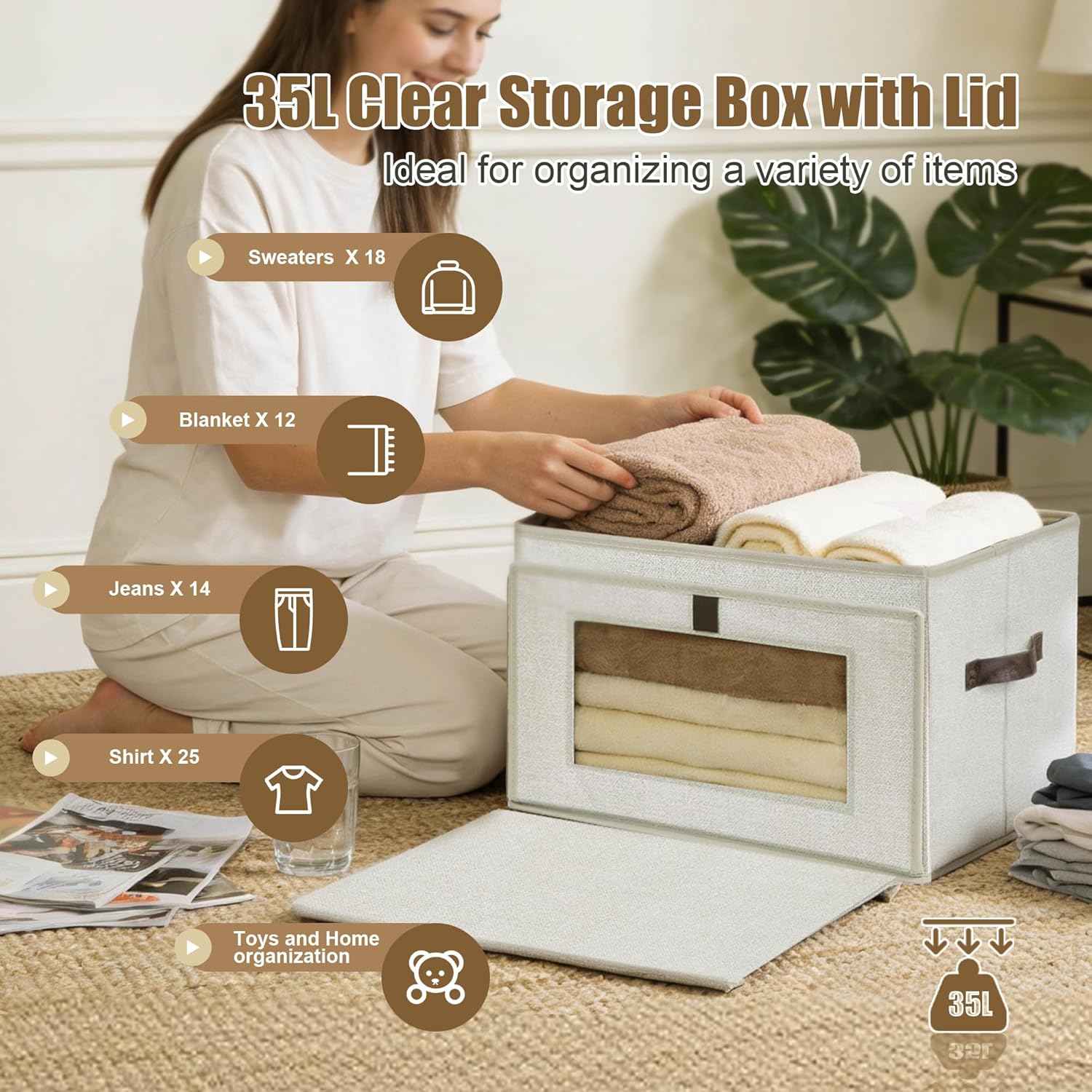 2 Pack 35L Large Foldable Closet Storage Organizer - Front Opening, Clothes Storage Bins with Handles & Window, Collapsible Decorative Storage Boxes with lid for Shelves, Living Room,Dorm