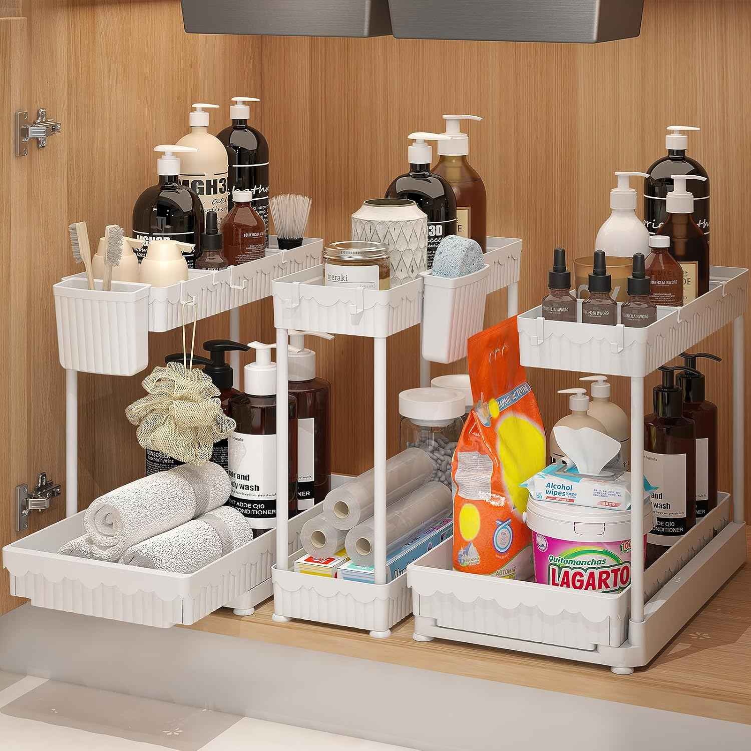 3 Pack Multi-Purpose Under Sink Organizers and Storage, 2026 L-Shaped Pull Out Cabinet Organizer for Bathroom & Kitchen, Under Cabinet Organizer with Hooks Hanging Cup, Black
