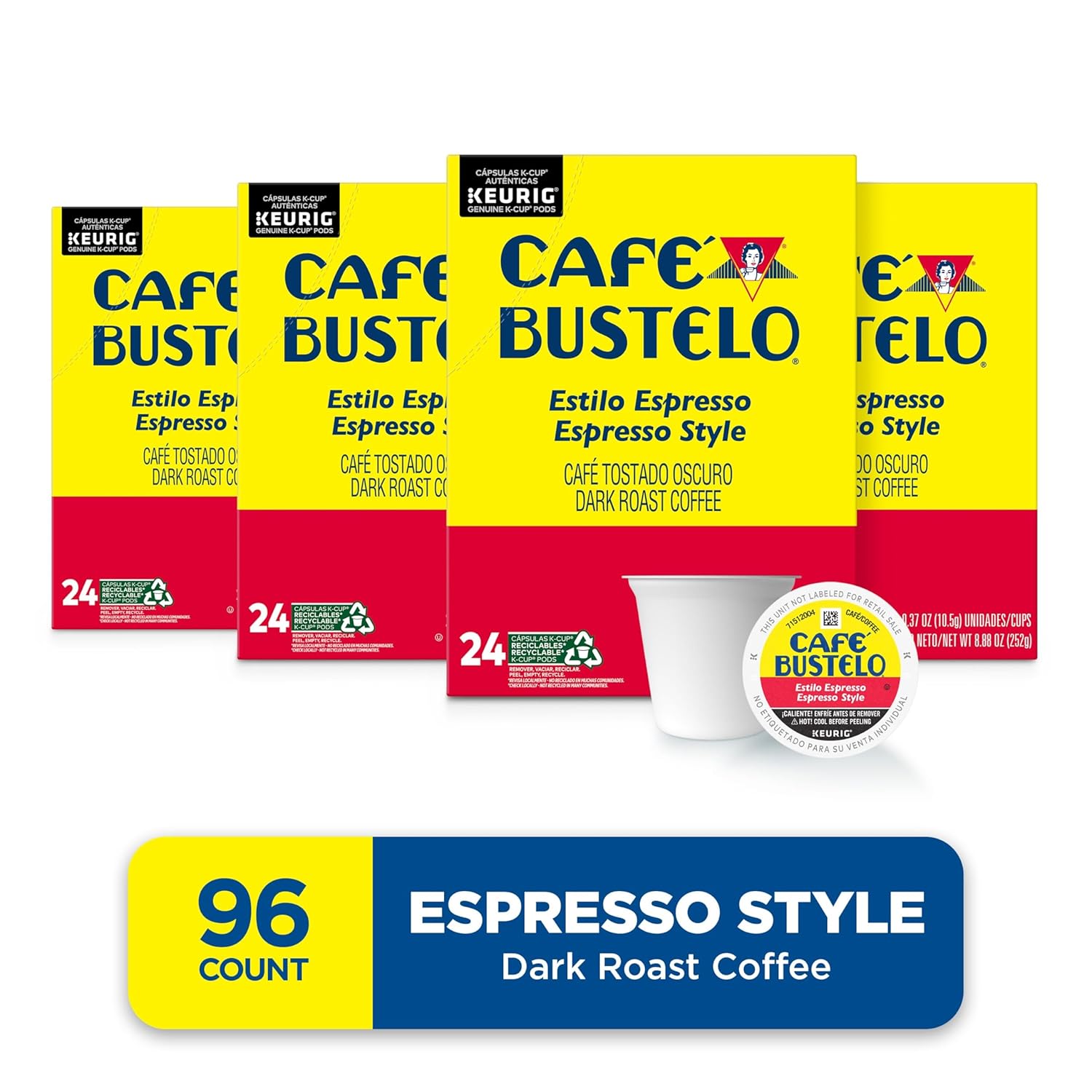 cafe bustelo espresso style dark roast coffee 96 keurig k-cup pods, 4 x 24-count boxes