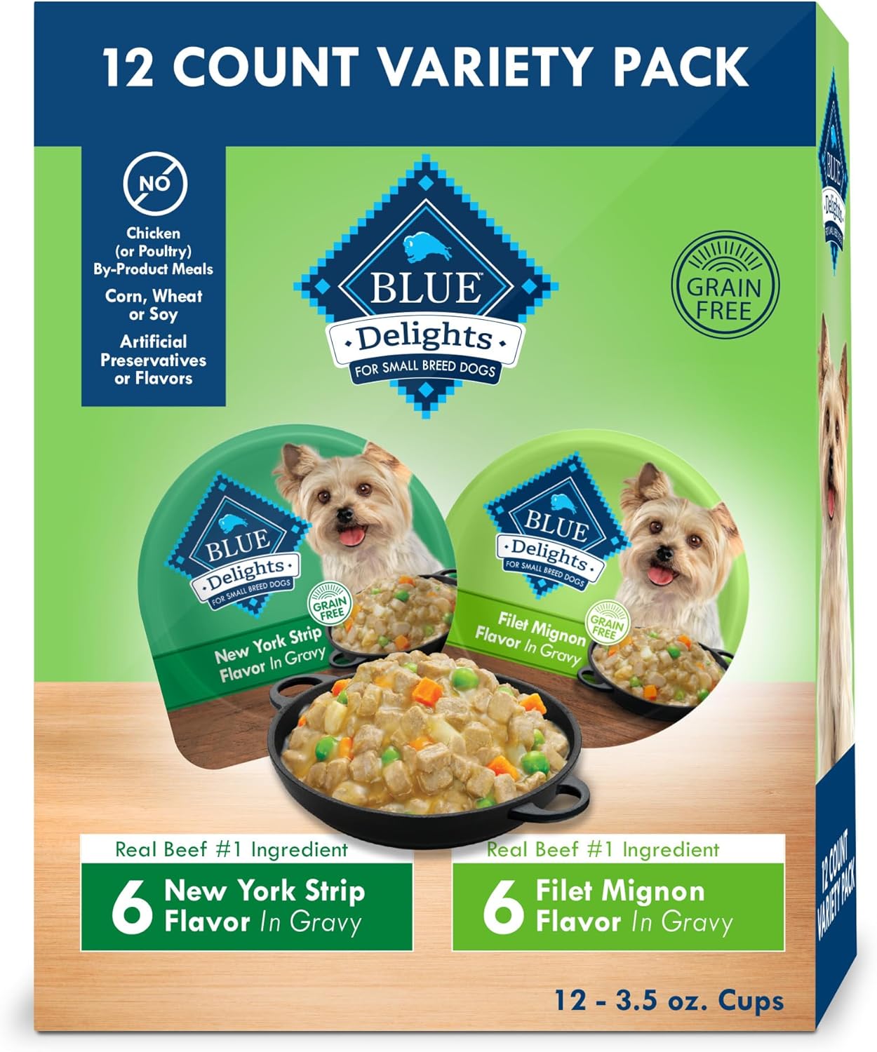 blue buffalo delights natural adult small breed wet dog food, variety pack, made with natural ingredients, filet mignon & new york strip recipe