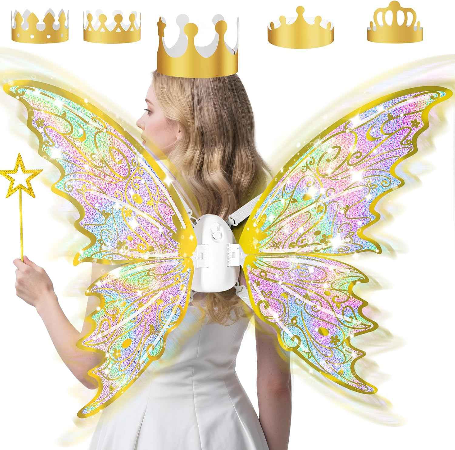 maysida Electric Fairy Wings for Girls, Light Up Moving Butterfly Wings with LED Lights and Music, Toy for Kids as Halloween Valentine Birthday Christmas Party Costume Princess Cosplay Dress Up Gift