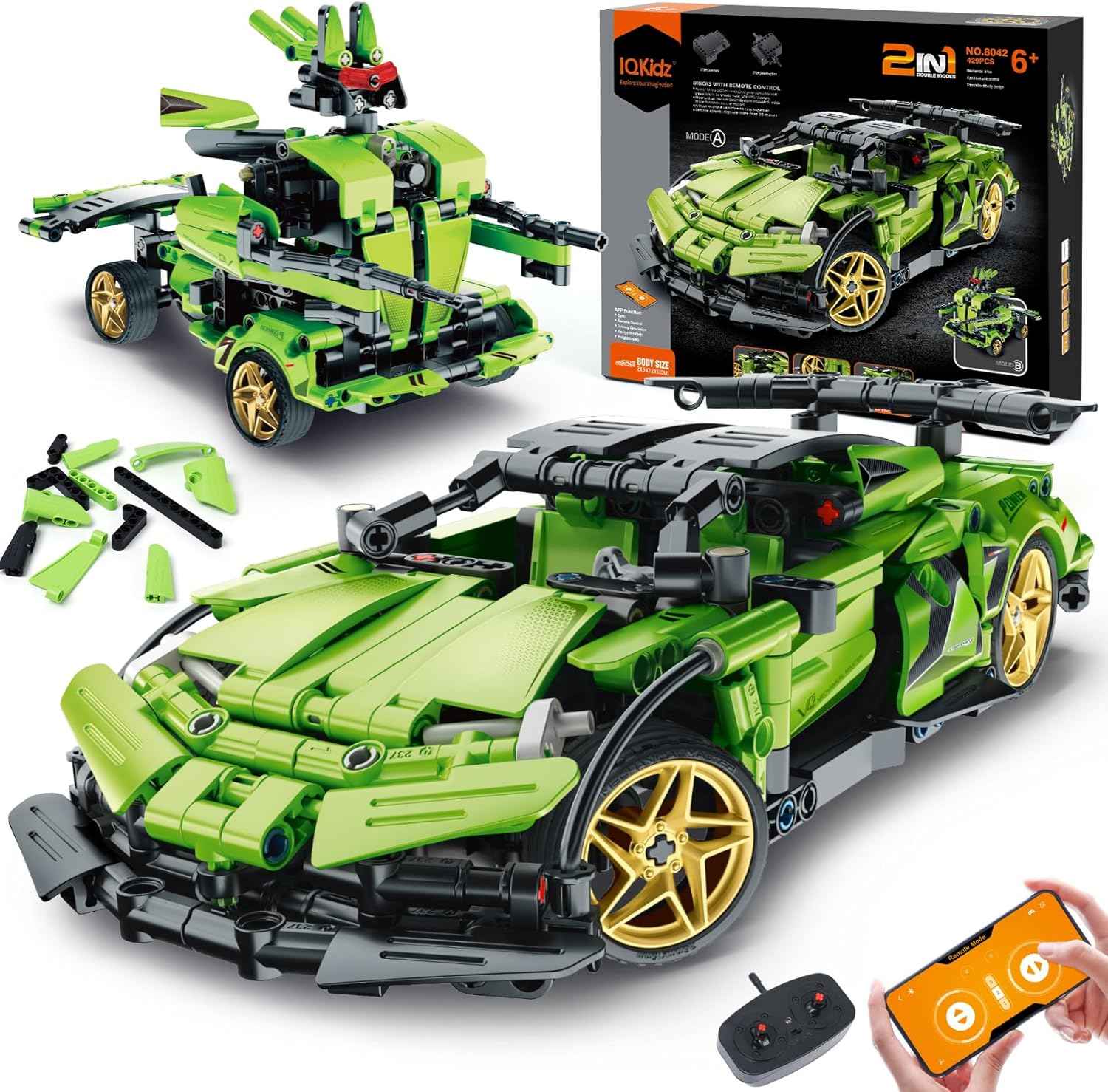 IQKidz STEM Building Blocks Kit for Kids - 2 in 1 Remote Control Race Car and Robot Toy, Great Gift for Boys, Teens Age 6 7 8-12+ Year Old Who Love Engineering and RC Sports Car Toys