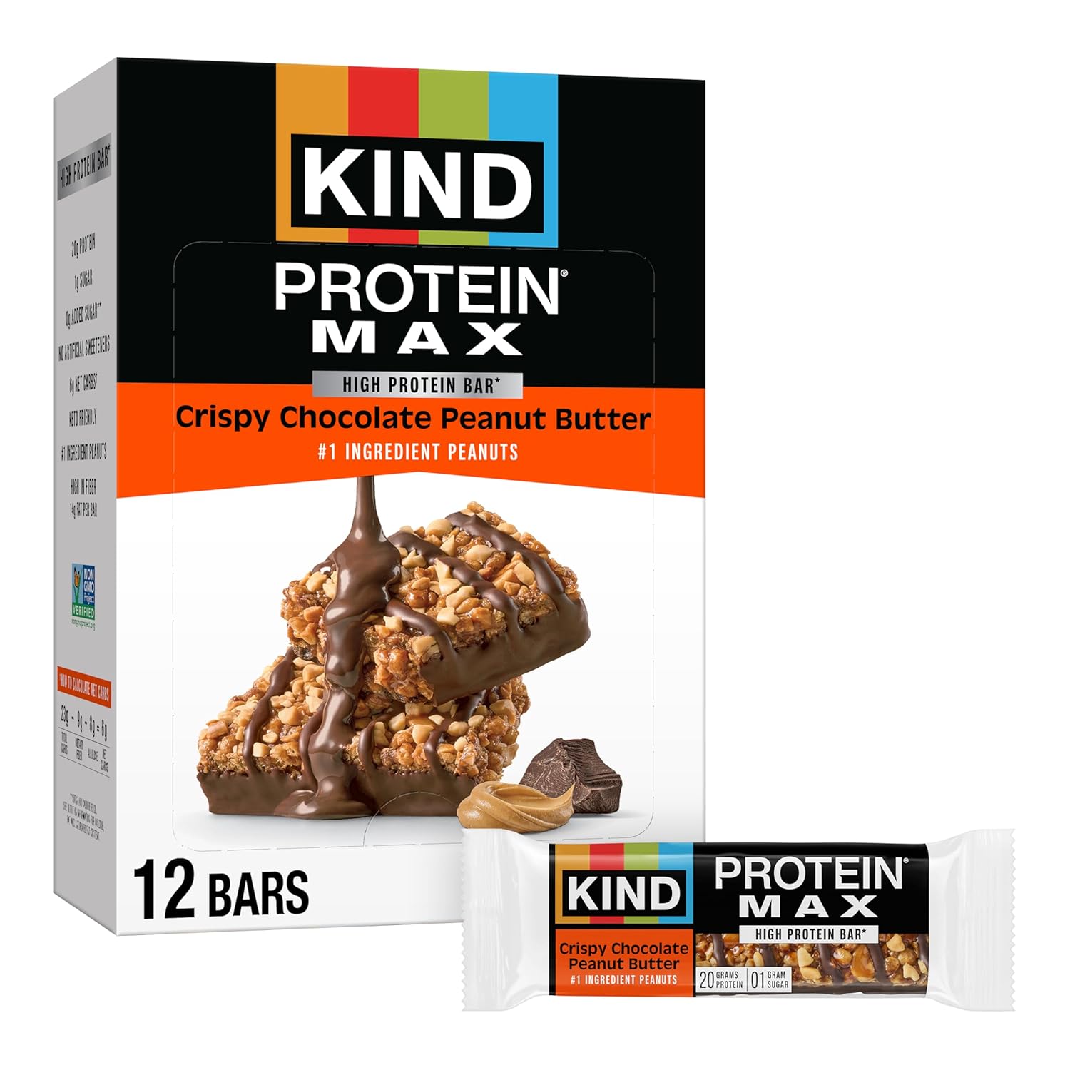 kind protein max crispy chocolate peanut butter snack bars, 20g protein, keto friendly, 12 count box