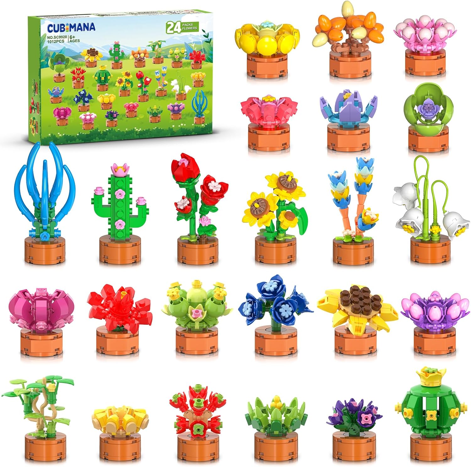 24 Pack Flowers Succulents Party Favors for Kids Building Set - 1012PCS Botanical Bonsai 3.6mm Mini Building Blocks Toy for Goodie Bags Stocking Stuffers Classroom Prize Birthday Gifts for Girl Boy 6+