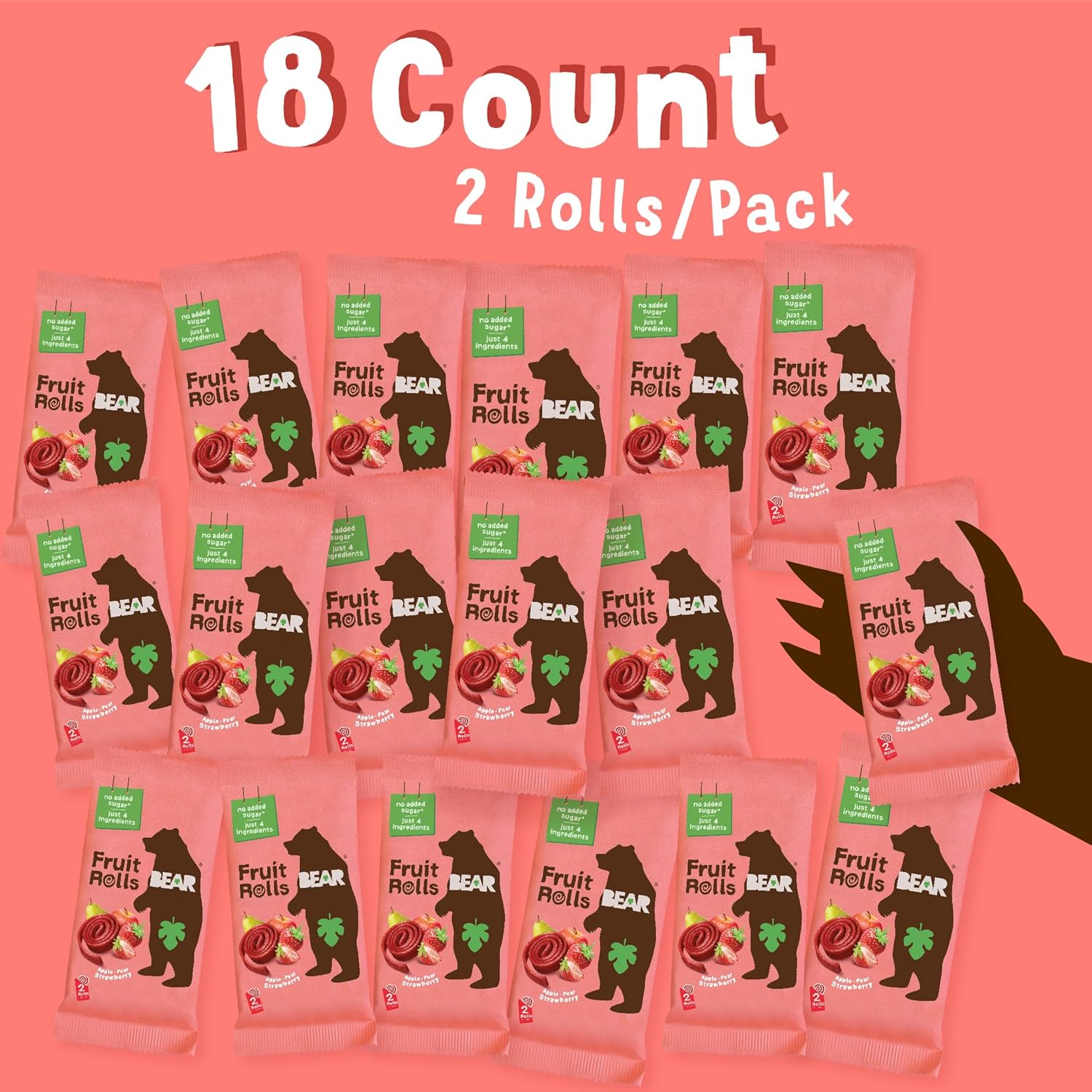 BEAR Real Fruit Snack Rolls - Gluten Free, Vegan, and Non-GMO, 0.7 Ounce, 36 Rolls, Strawberry, Healthy Snacks for Kids and Adults