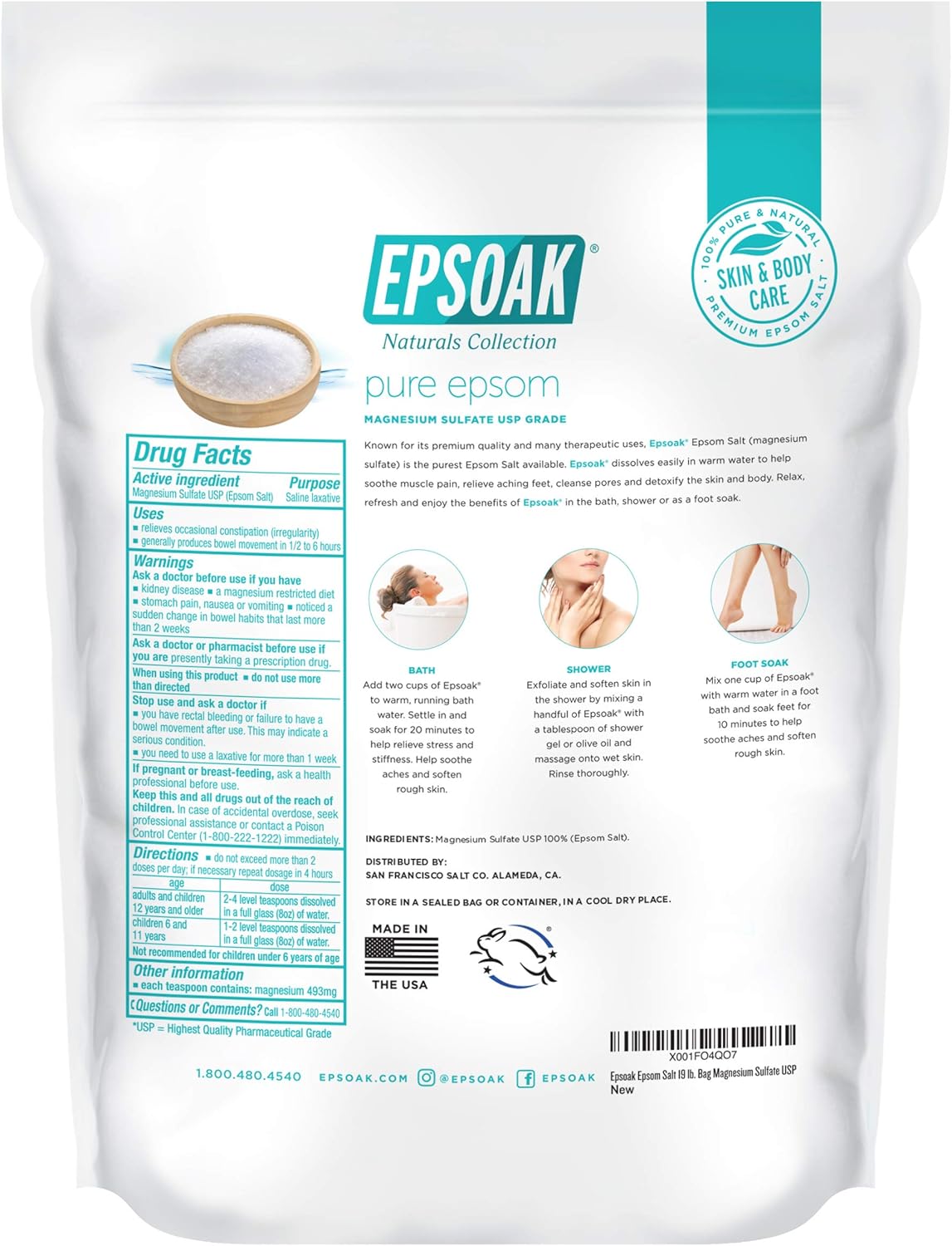 epsoak 19 lb. unscented usp-grade magnesium sulfate bulk bags cruelty-free certified made in usa
