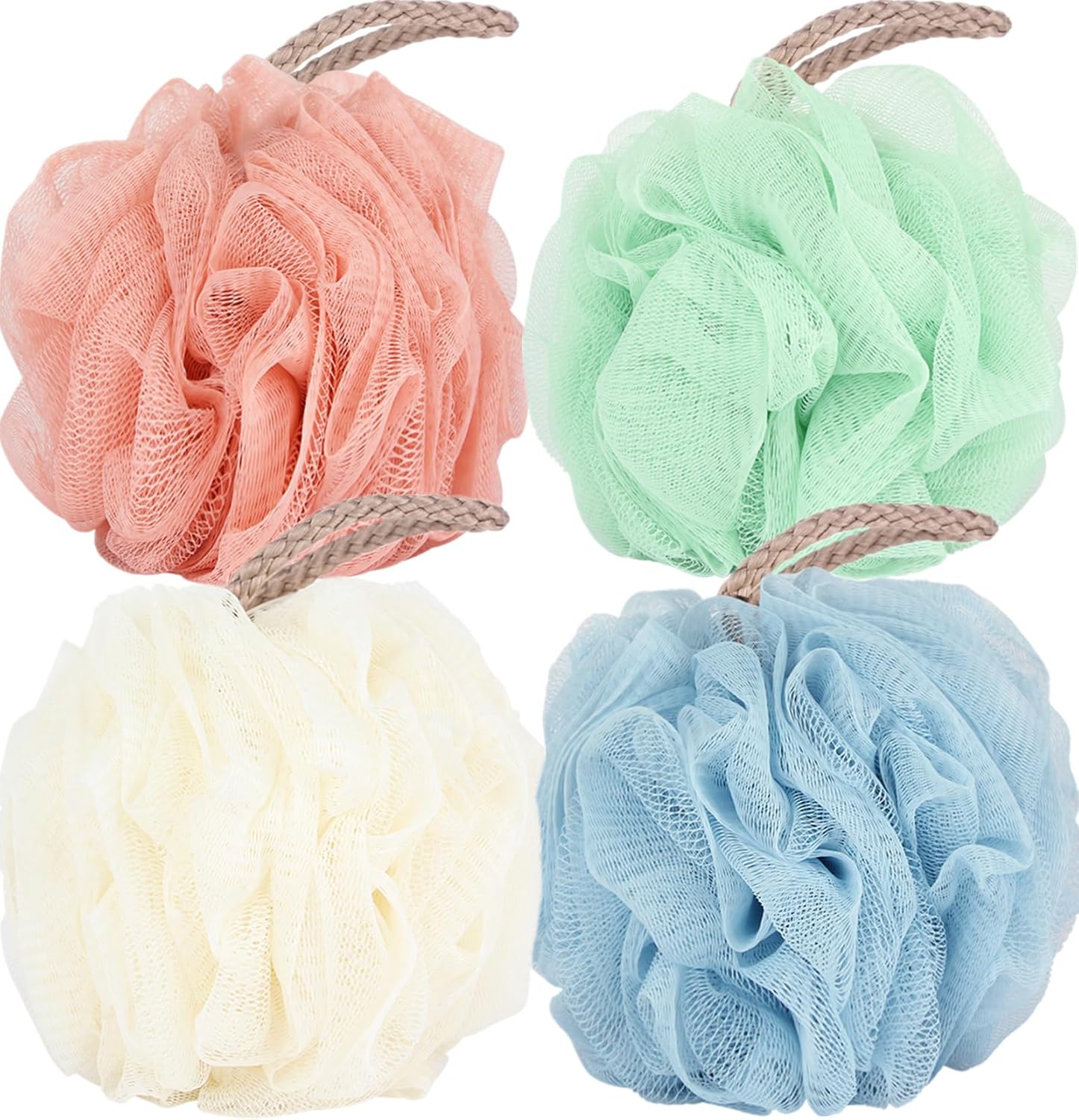 Fu Store 4-pack loofah sponge shower bath scrubbers with mesh balls in 4 colors, 50g each, for body exfoliation
