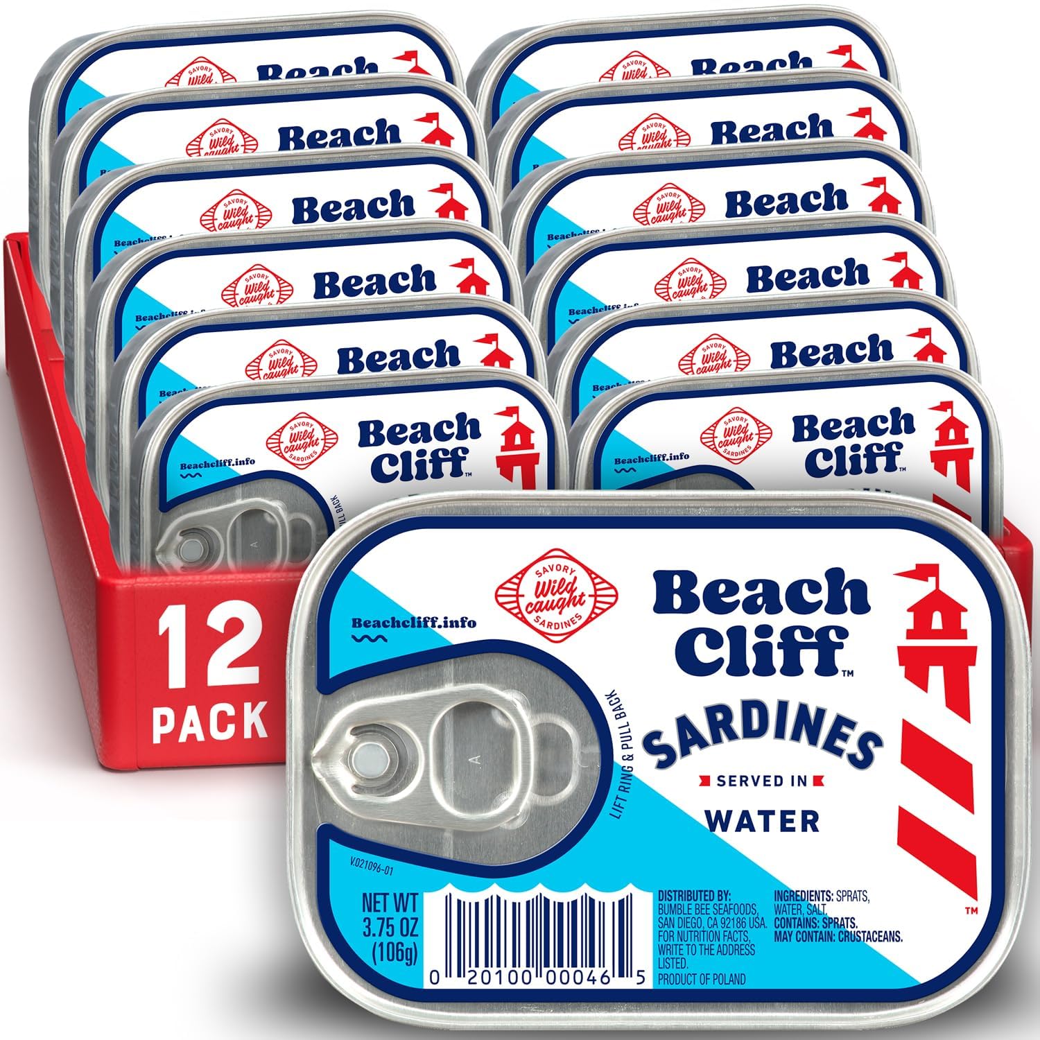 Beach Cliff Wild Caught Sardines in Water, 3.75 oz Cans, 12g Protein per Serving, Gluten Free, Keto Friendly, Pack of 12
