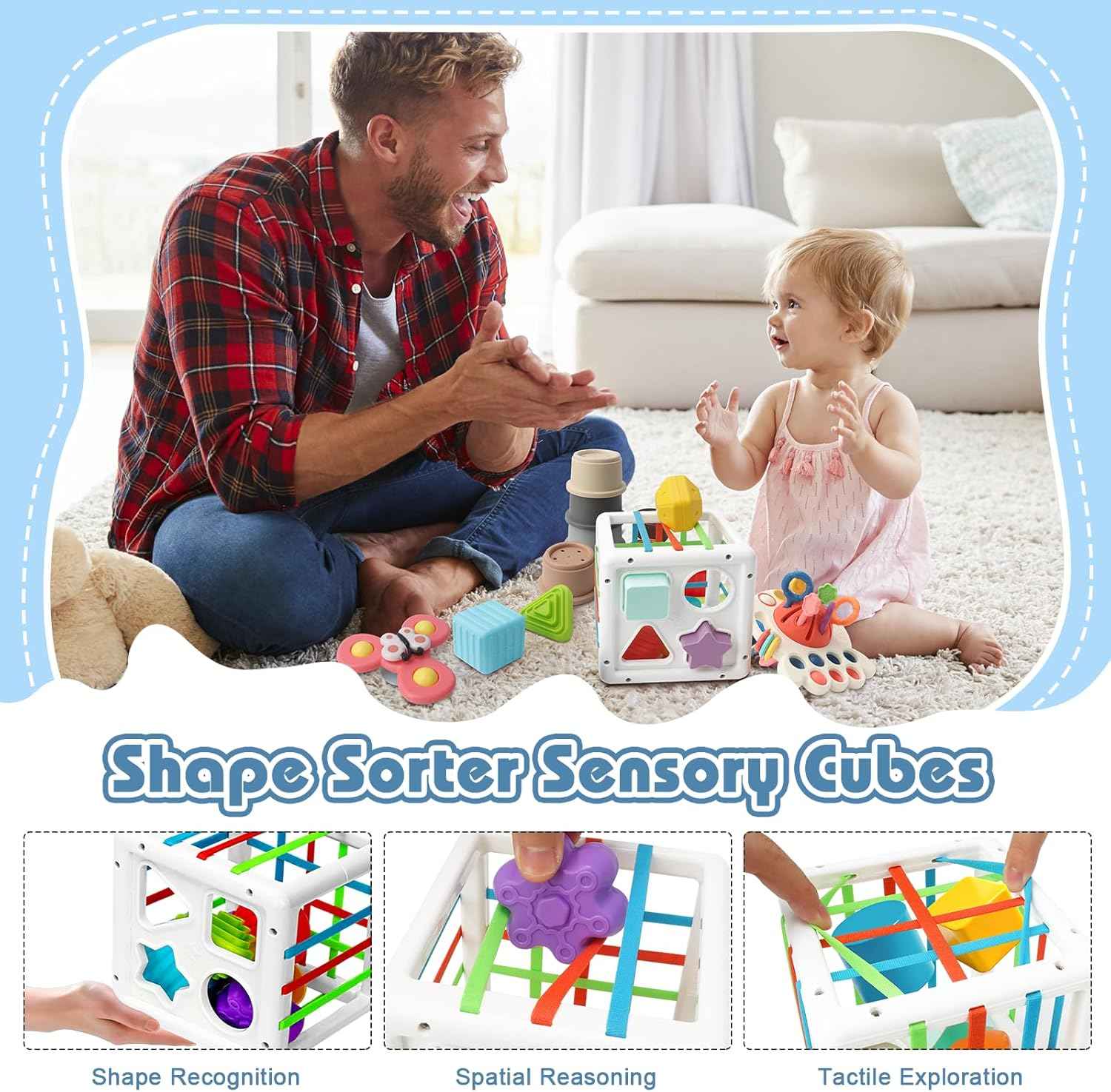 EPOGG 6 in 1 Montessori Toys for Babies 6-12 Months Up - Incl Pull String Toy, Stacking Cups, Tissue Box, Suction Cup Spinner, Stacking Blocks,Activity Cube, Baby Toys for 1 2 3 Year Old