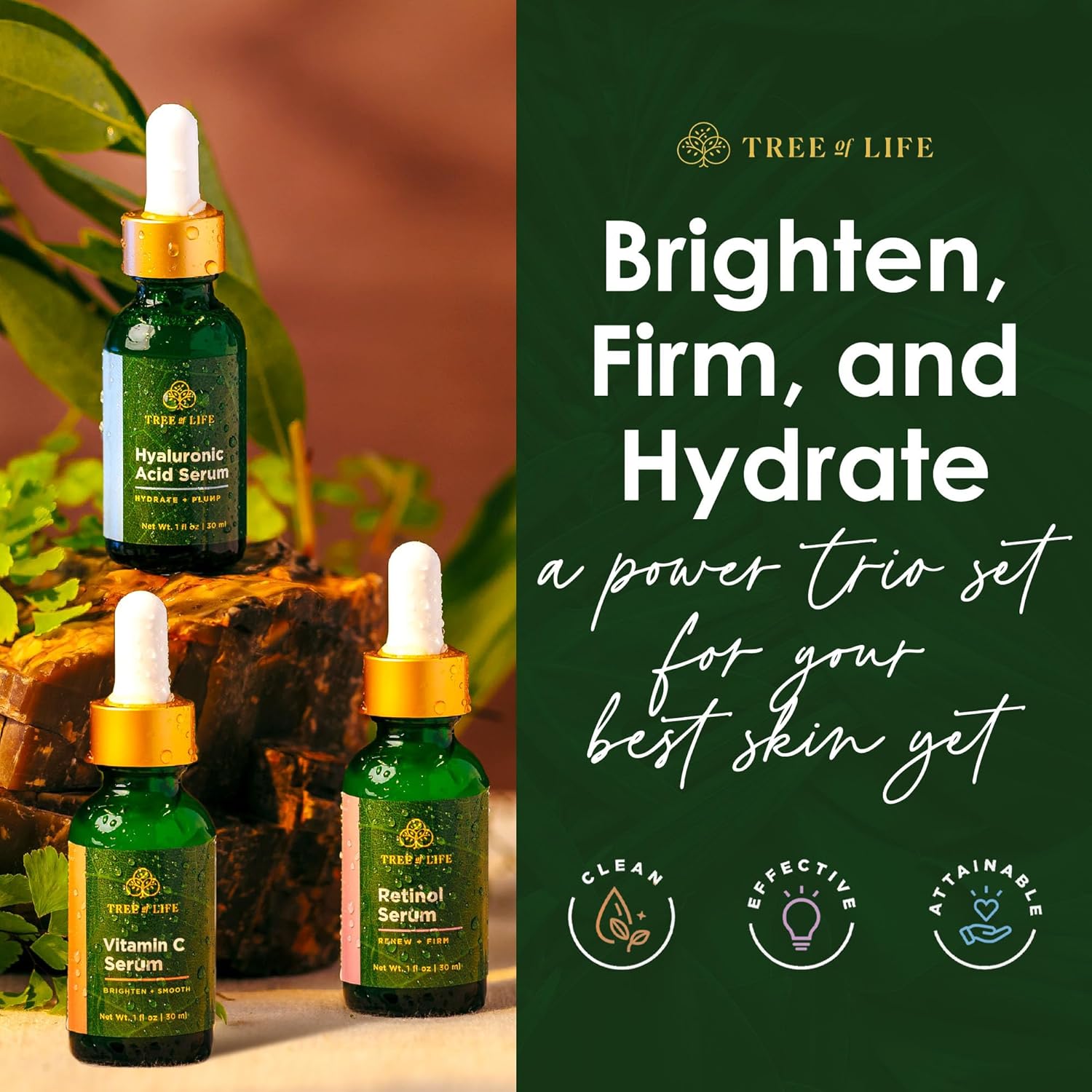 Tree of Life Beauty Facial Skin Care Set, 3 count, 1 fl oz each, Vitamin C, Retinol, Hyaluronic Acid, for dry and sensitive skin