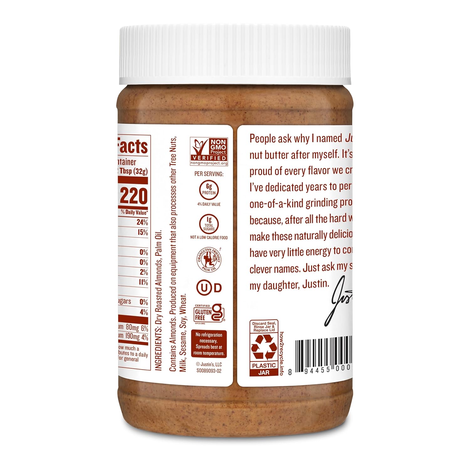 Justins Classic Almond Butter, Gluten-free, Non-GMO, Keto-friendly, 16 Ounce Jar, Pack of 1