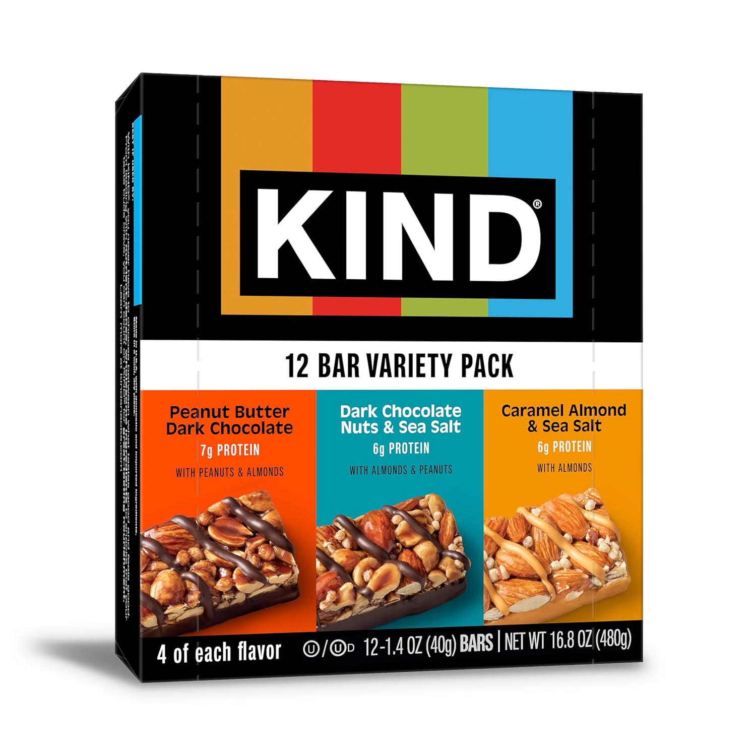 KIND Dark Chocolate Nuts & Sea Salt, Peanut Butter Dark Chocolate, Caramel Almond Sea Salt Bars - 12 Count Variety Pack