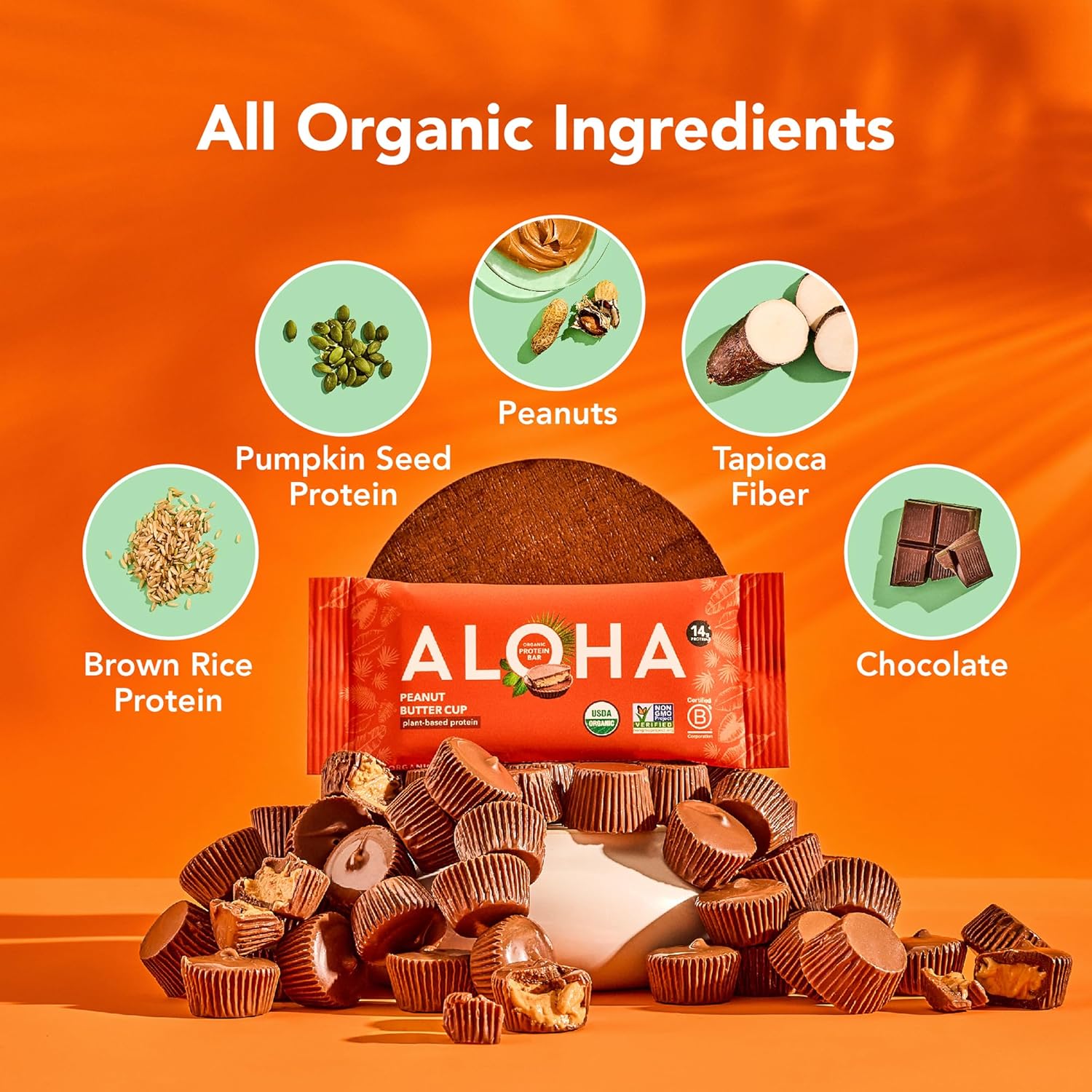 Aloha organic peanut butter cup protein bars 12-pack vegan low sugar gluten-free non-gmo
