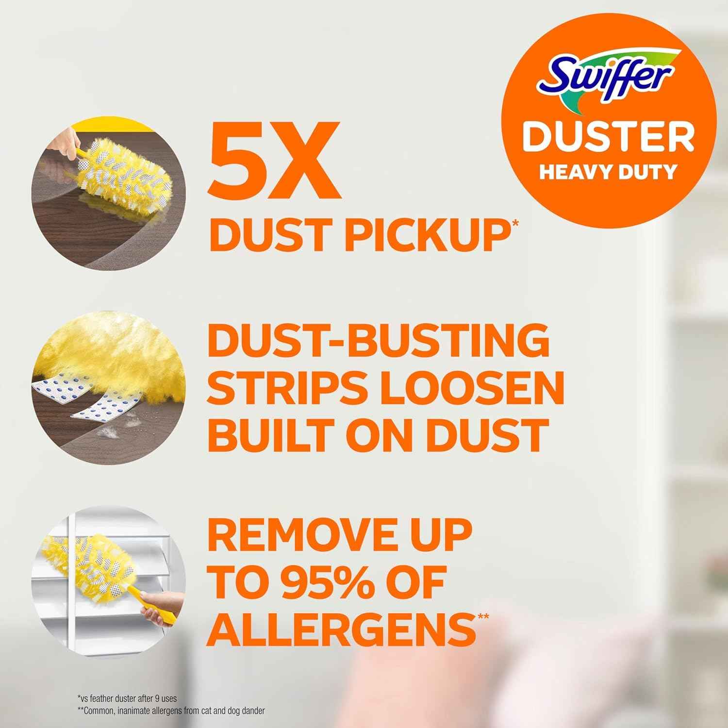 Swiffer Dusters Refill for Cleaning, Feather & Microfiber Duster Disposable Alternative, for Dusting Furniture, Blinds, Ceiling Fans, Walls, Helps Remove Allergens, Heavy Duty, Unscented, 11ct