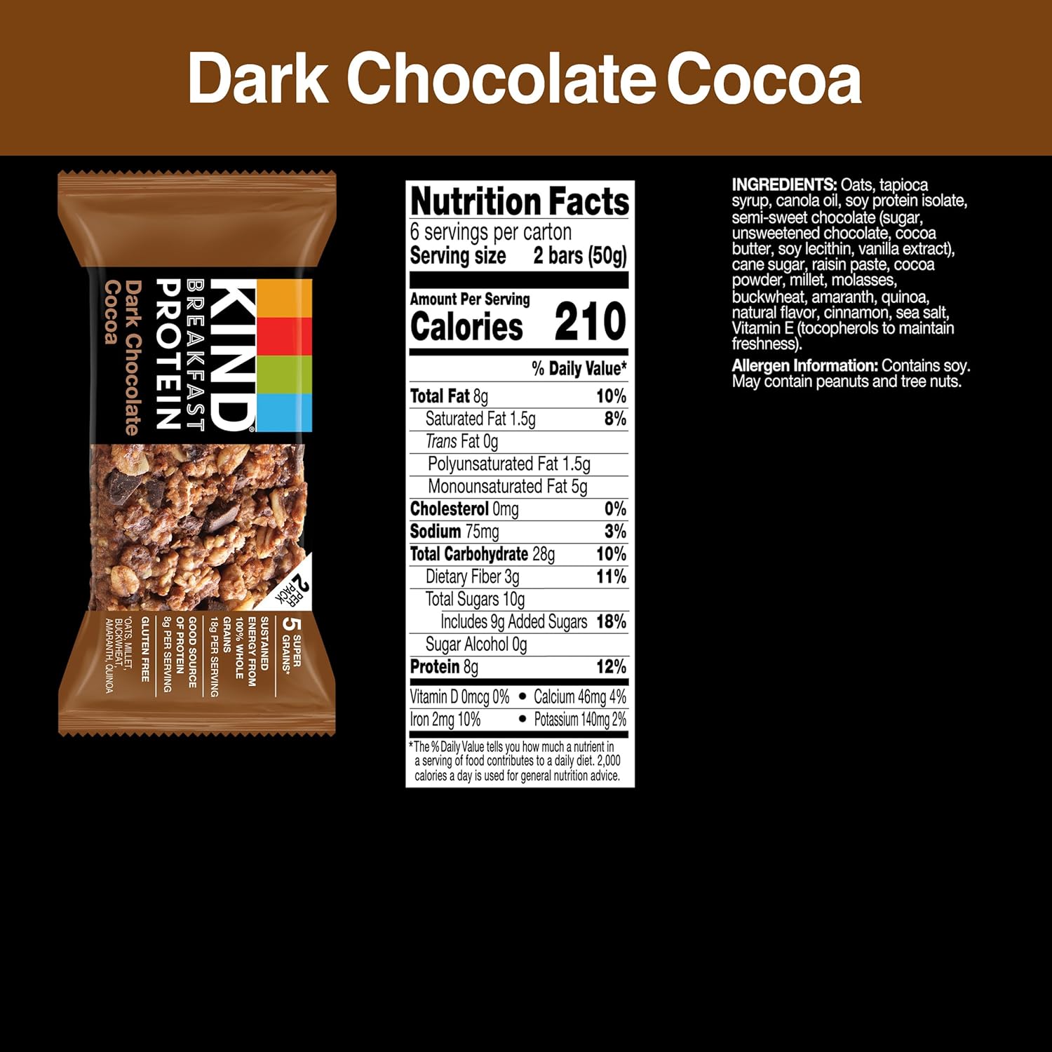 kind breakfast protein bars, dark chocolate cocoa, gluten free, healthy 8g protein snacks, 6 count boxes