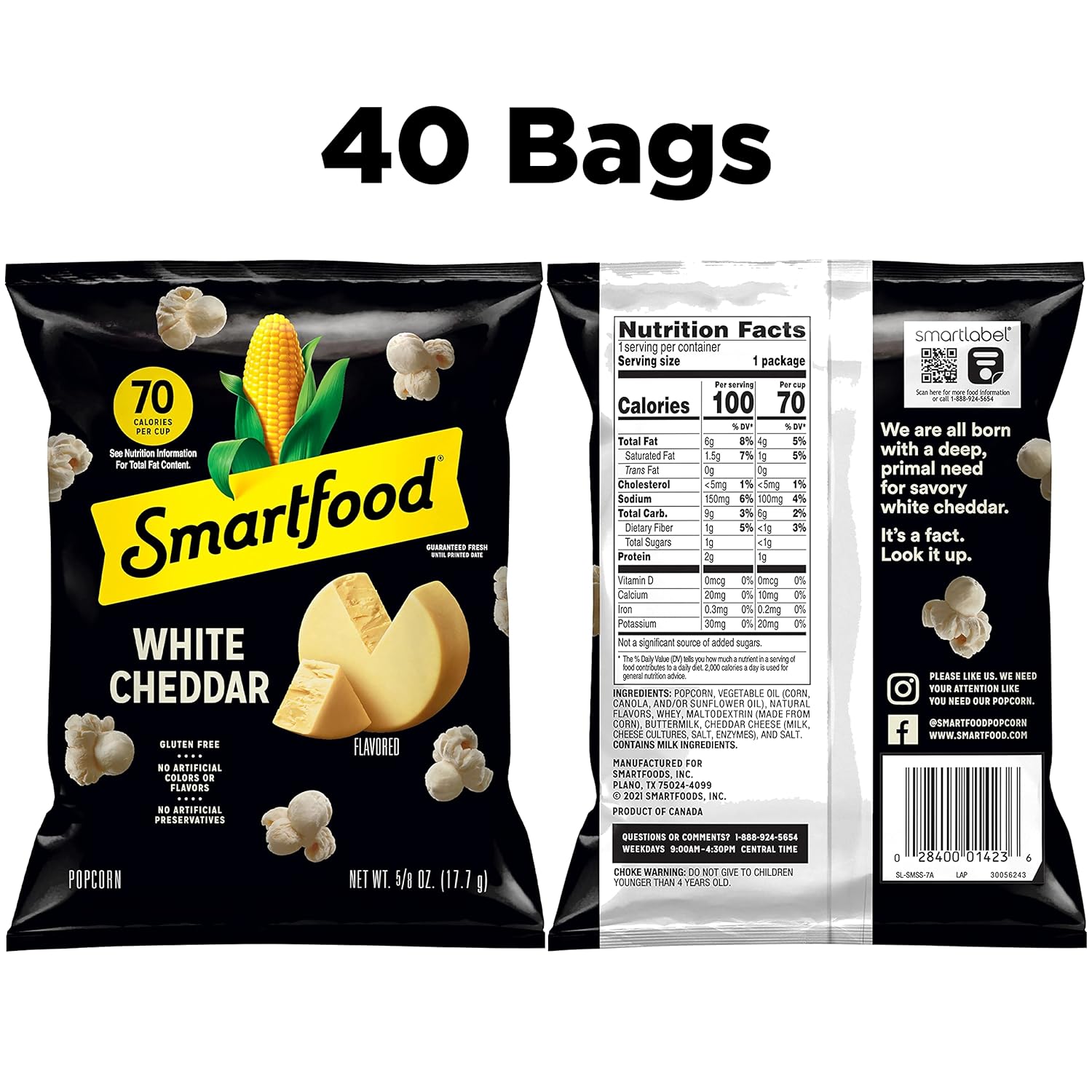 Smartfood White Cheddar Popcorn, 0.625 Ounce, 40 Count Bag, No Artificial Flavors or Preservatives