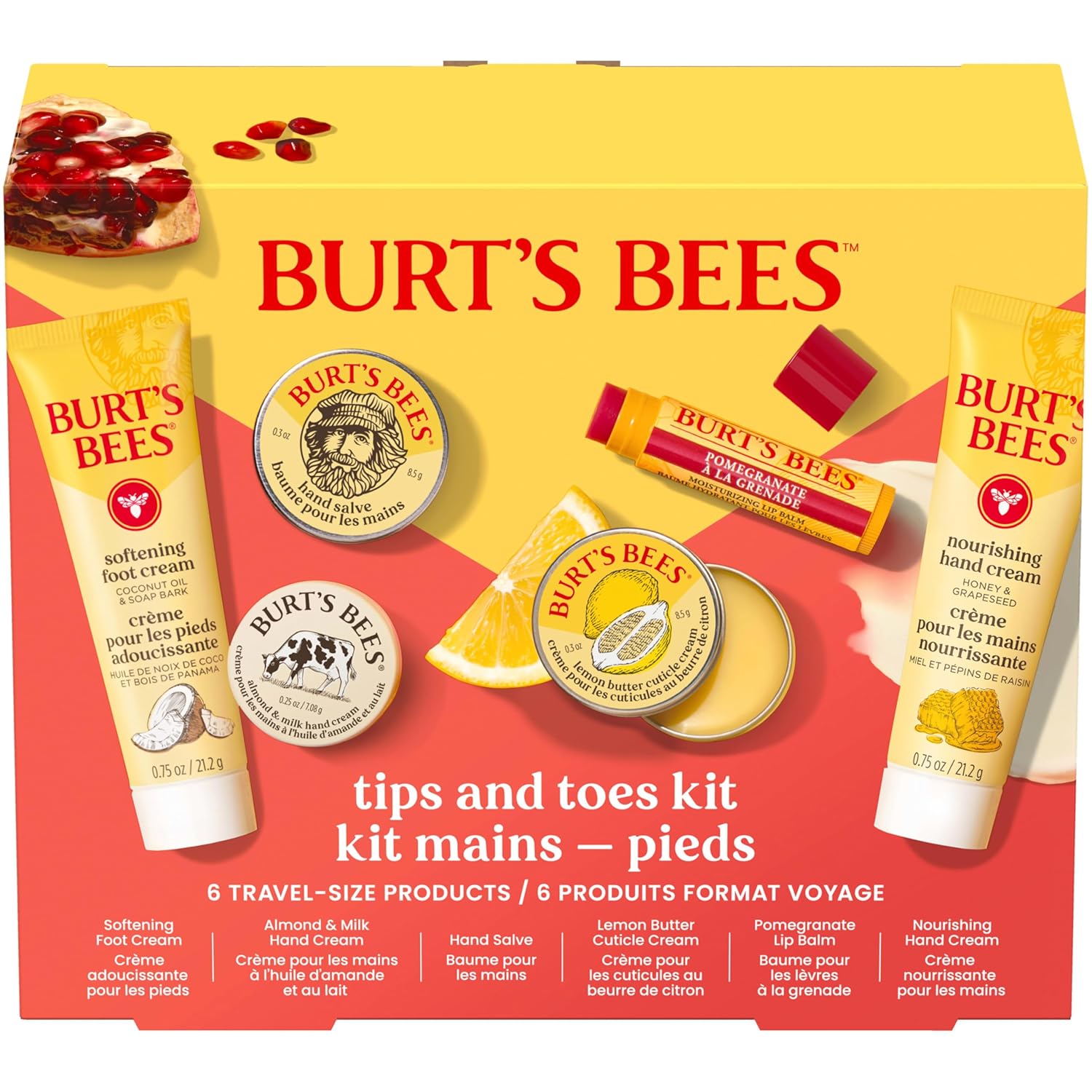 Burt's Bees Tips and Toes Kit, 6 Travel Size Products, Pomegranate Moisturizing, Hydrating, and Nourishing
