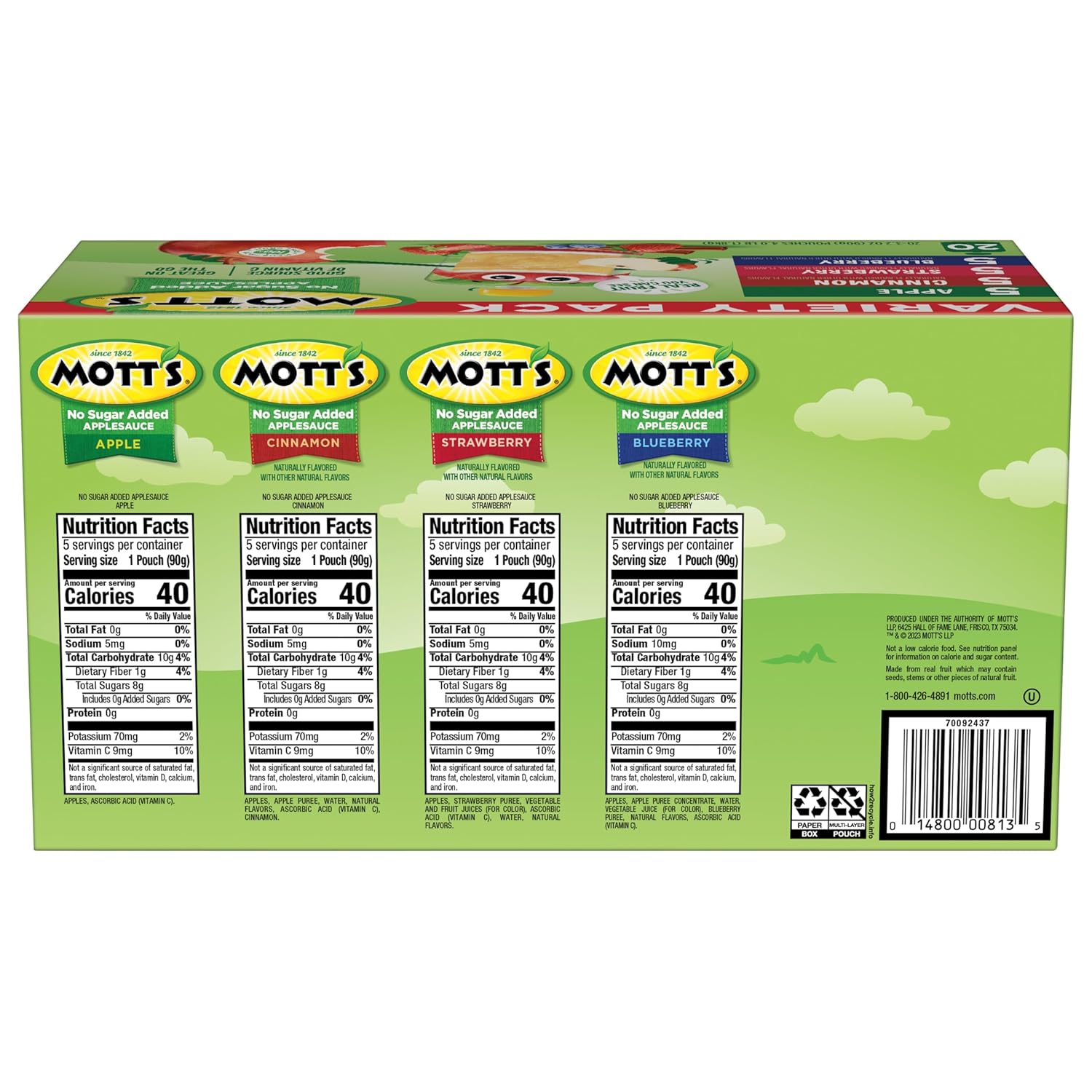 motts no sugar added applesauce variety pack, 4 flavors - apple, strawberry, cinnamon & blueberry, made from real fruit, 20 pack